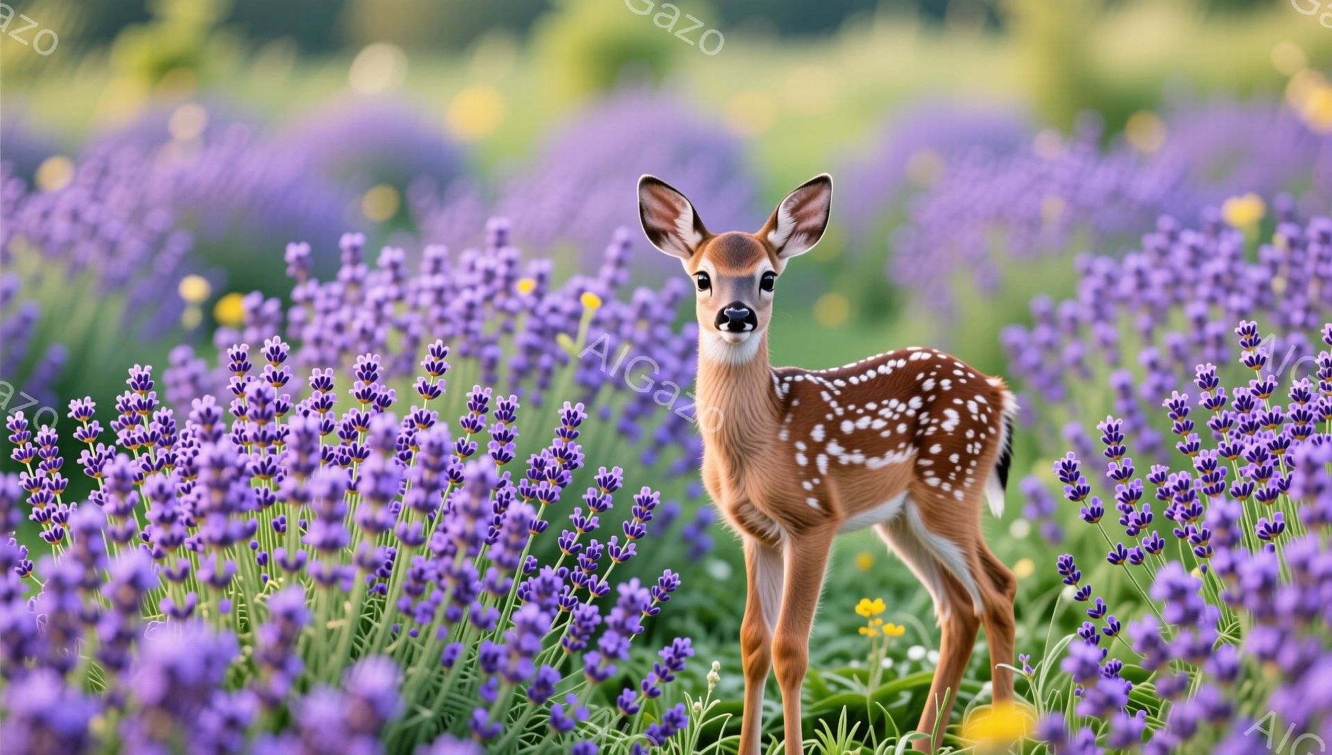 澄んだ紫色のラベンダー畑に、愛らしい子鹿が佇んでいます。日差しを浴びて輝く毛並みと、好奇心に満ちた表情が印象的です。背景は柔らかな光に包まれ、穏やかな雰囲気を醸し出しています。