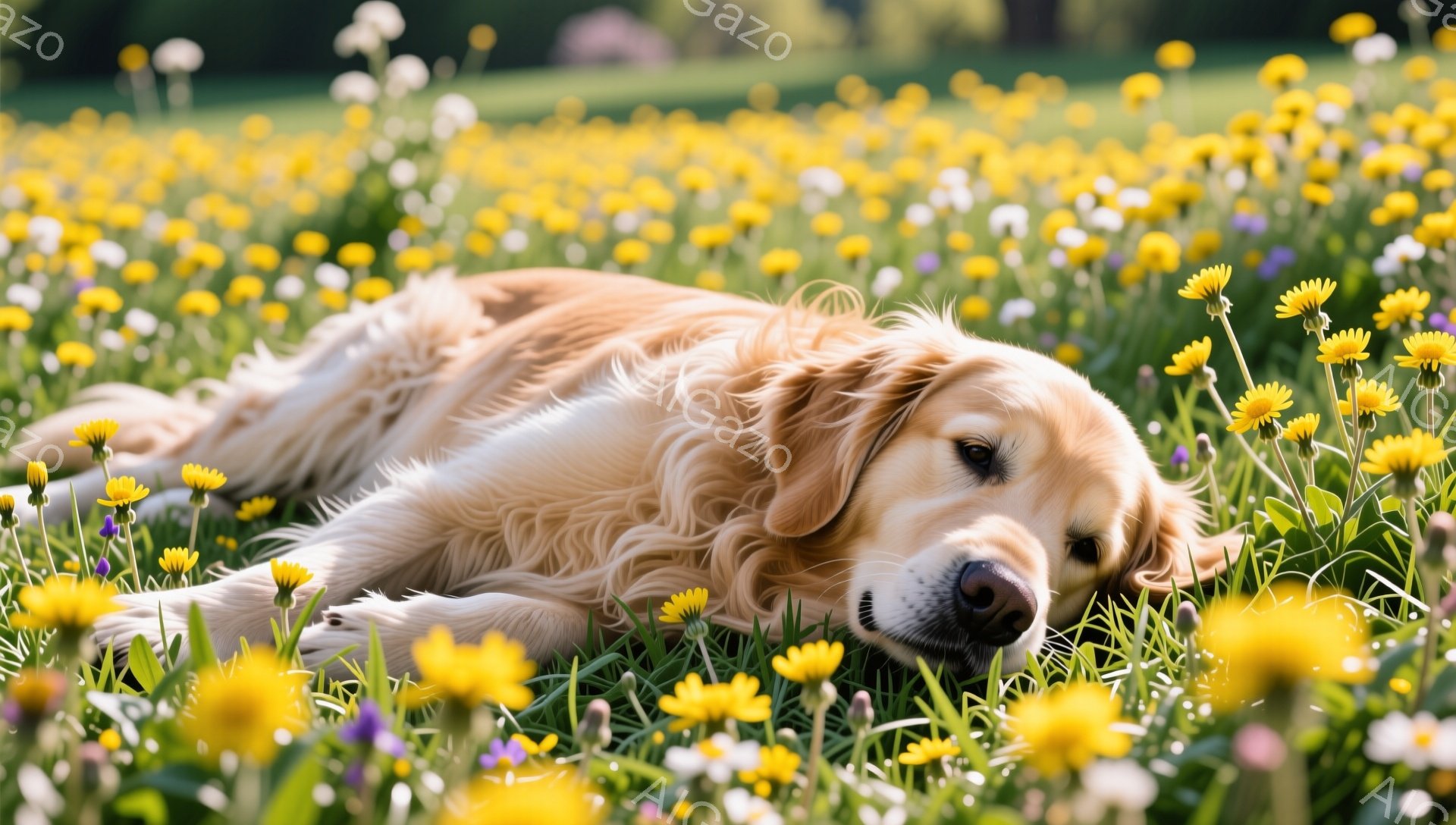 広大なタンポポ畑の中で、ゴールデンレトリバーが横たわっています。太陽の光を浴びて、穏やかで幸せそうな表情をしています。背景には緑豊かな草地が広がり、春の暖かさを感じさせる穏やかな雰囲気です。 - AI生成フリー素材
