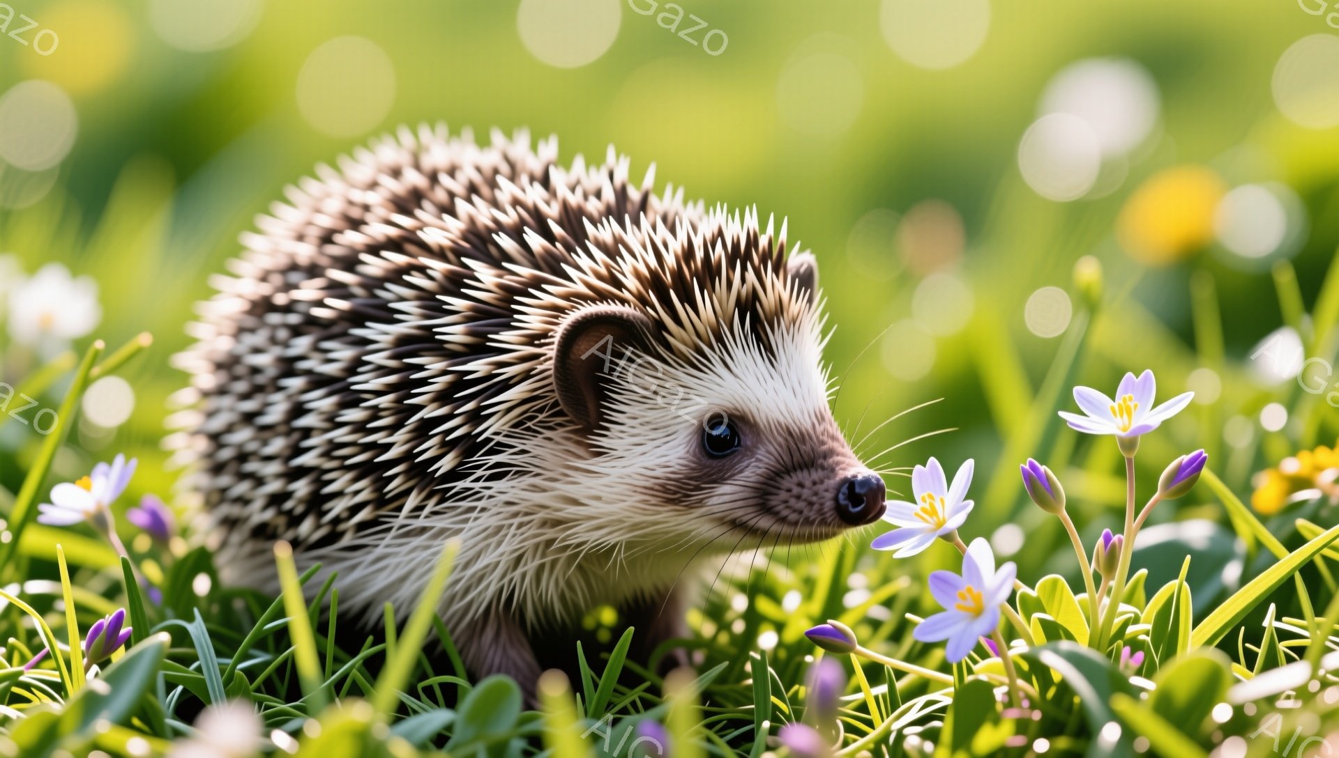緑の草の中で、可愛らしいハリネズミが紫色の花の間を歩いています。その姿は愛らしく、穏やかな春の雰囲気を伝えています。背景はぼやけており、ハリネズミが際立っています。 - AI生成フリー素材