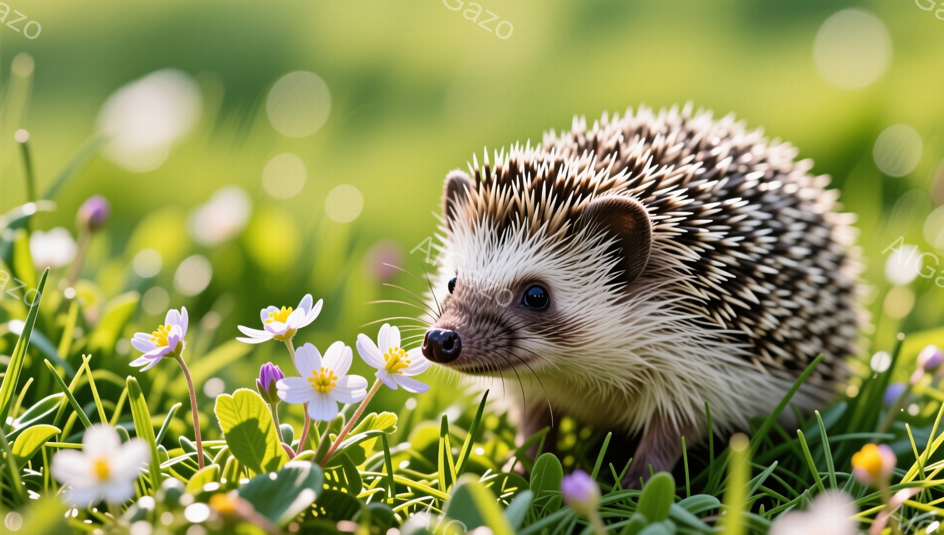 緑の草むらの中にいる可愛らしいハリネズミが写っています。白い花を匂っている様子が捉えられており、春の穏やかな雰囲気が感じられます。背景はぼやけており、ハリネズミが際立っています。 - AI生成フリー素材