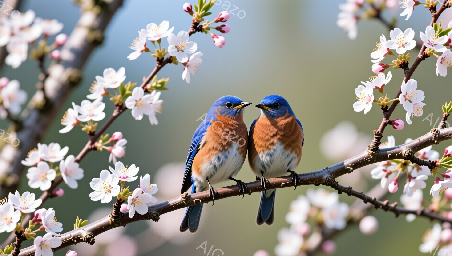 春の桜の枝に、一対の美しい青い鳥が寄り添ってとまっている。桜の花びらが背景を淡いピンク色で染め、穏やかで平和な雰囲気を醸し出している。鳥たちは互いに向き合い、春の訪れを喜んでいるかのようだ。 - AI生成フリー素材