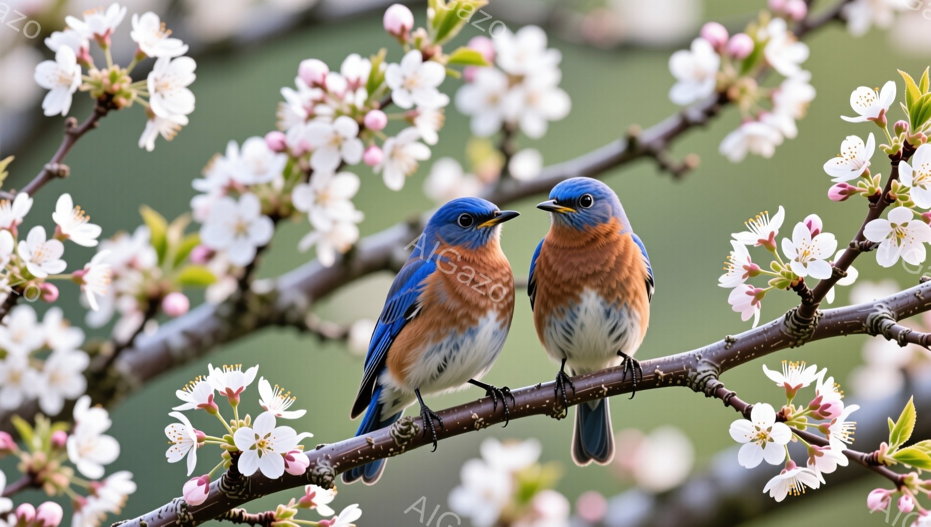 ピンク色の桜の花が咲き誇る枝に、一対の青い鳥が寄り添って止まっています。鳥たちは互いに向き合い、春の暖かさと穏やかな雰囲気を醸し出しています。背景はぼかしてあり、鳥と桜の花が際立っています。 - AI生成フリー素材