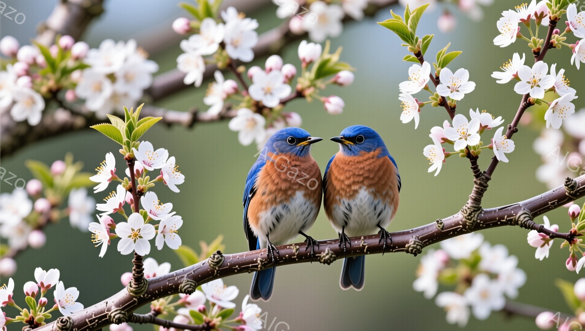 春の桜の枝に、二羽の美しい青い鳥が並んでとまっている。背景には、ぼんやりと緑の風景が広がり、柔らかく暖かい雰囲気を作り出している。鳥たちは穏やかな春の訪れを象徴しているようだ。
