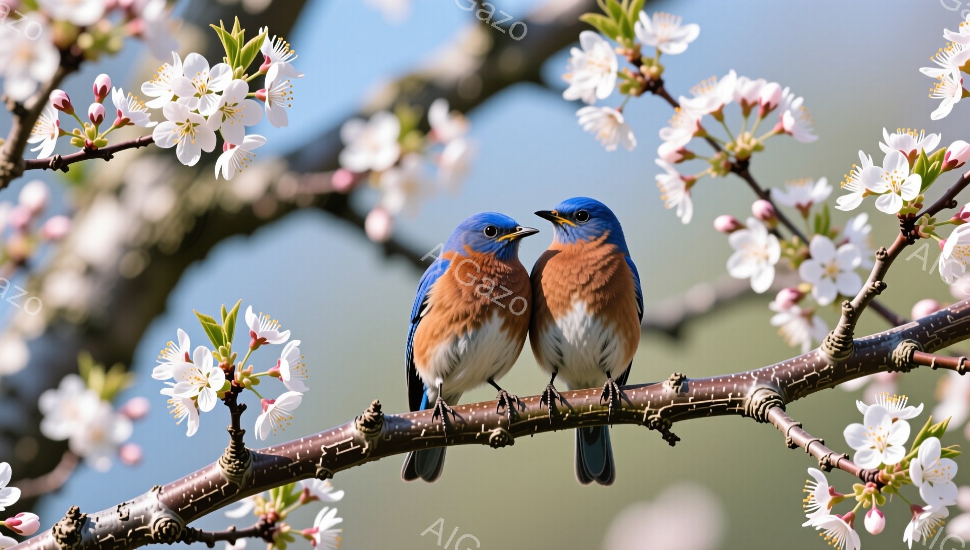 桜の枝に2羽の青い鳥が寄り添ってとまっている。鮮やかな青色とオレンジ色の羽が印象的で、春らしい優しい雰囲気を醸し出している。背景にはぼやけた桜の花が咲き乱れ、暖かく穏やかな情景が広がっている。 - AI生成フリー素材