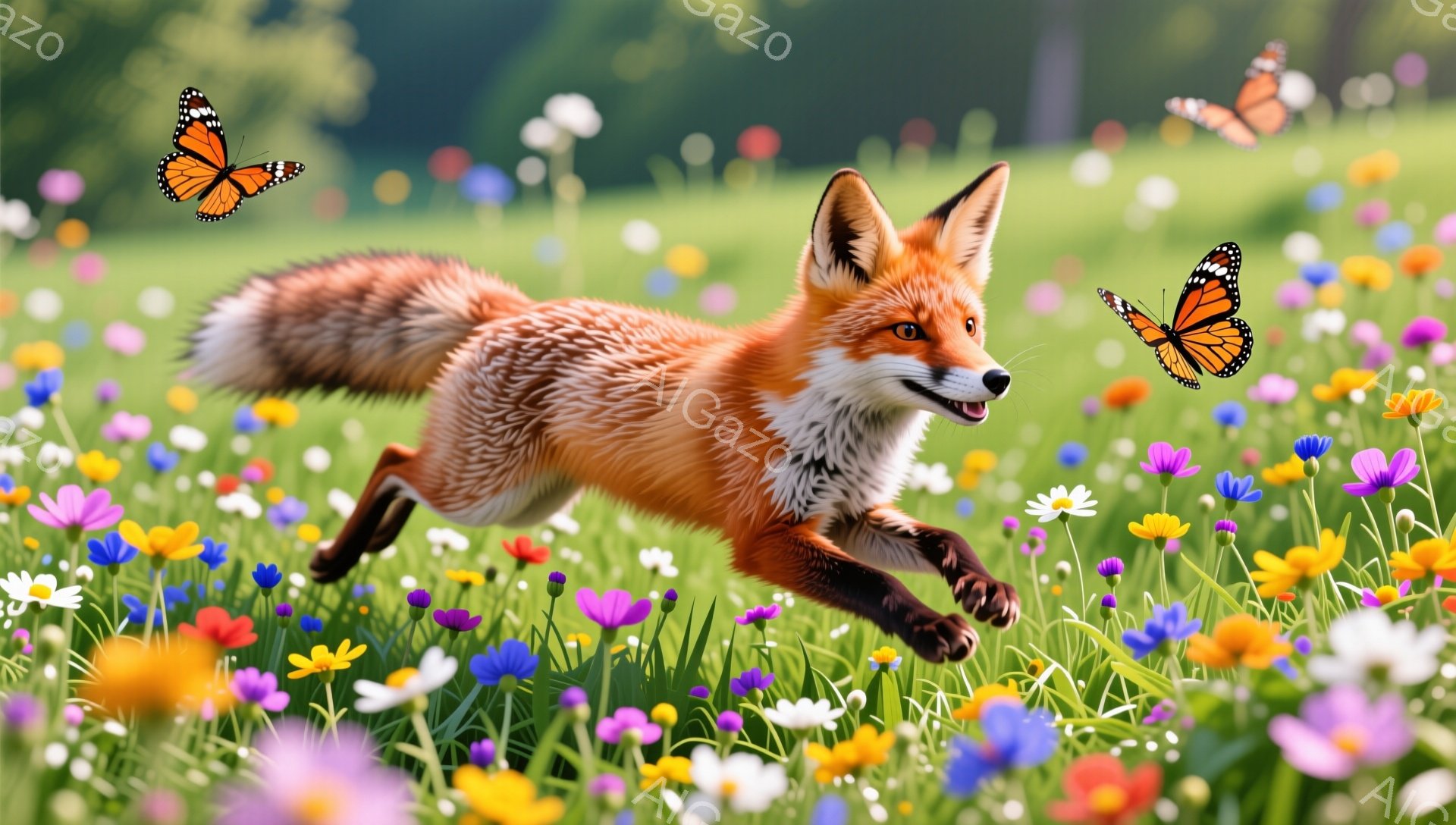 広々とした花畑を、毛並みの美しいキツネが軽やかに駆け抜けている。 周りには色とりどりの花々が咲き乱れ、背景は緑豊かな自然が広がっている。 蝶が舞い、暖かい日差しが降り注ぐ、平和で穏やかな光景だ。 - AI生成フリー素材