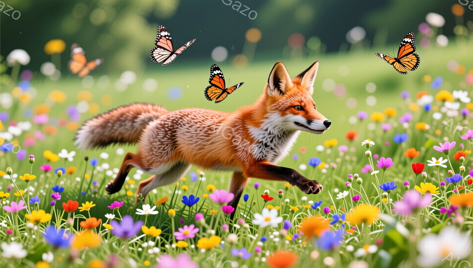 鮮やかな野原を、一匹のキツネが駆け抜けている。周囲には色とりどりの花々が咲き乱れ、数匹の蝶がキツネの周りを舞っている。生き生きとした様子が、平和で穏やかな雰囲気を醸し出している。 - AI生成フリー素材