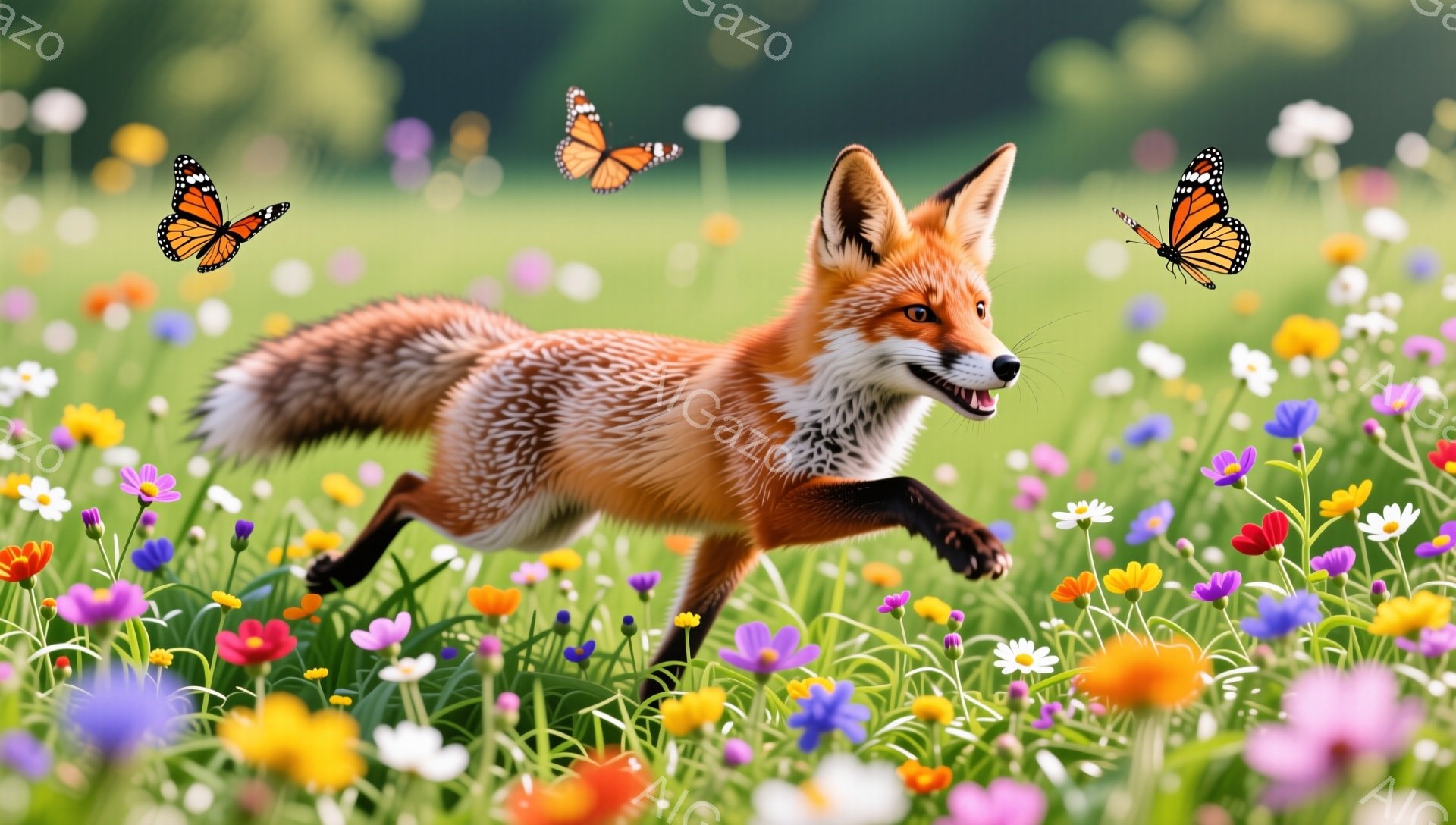 明るい緑の草原を、赤い毛並みのキツネが駆け抜けている。鮮やかな野花が咲き乱れ、空には蝶が舞っている。穏やかで平和な雰囲気の、自然豊かな風景だ。