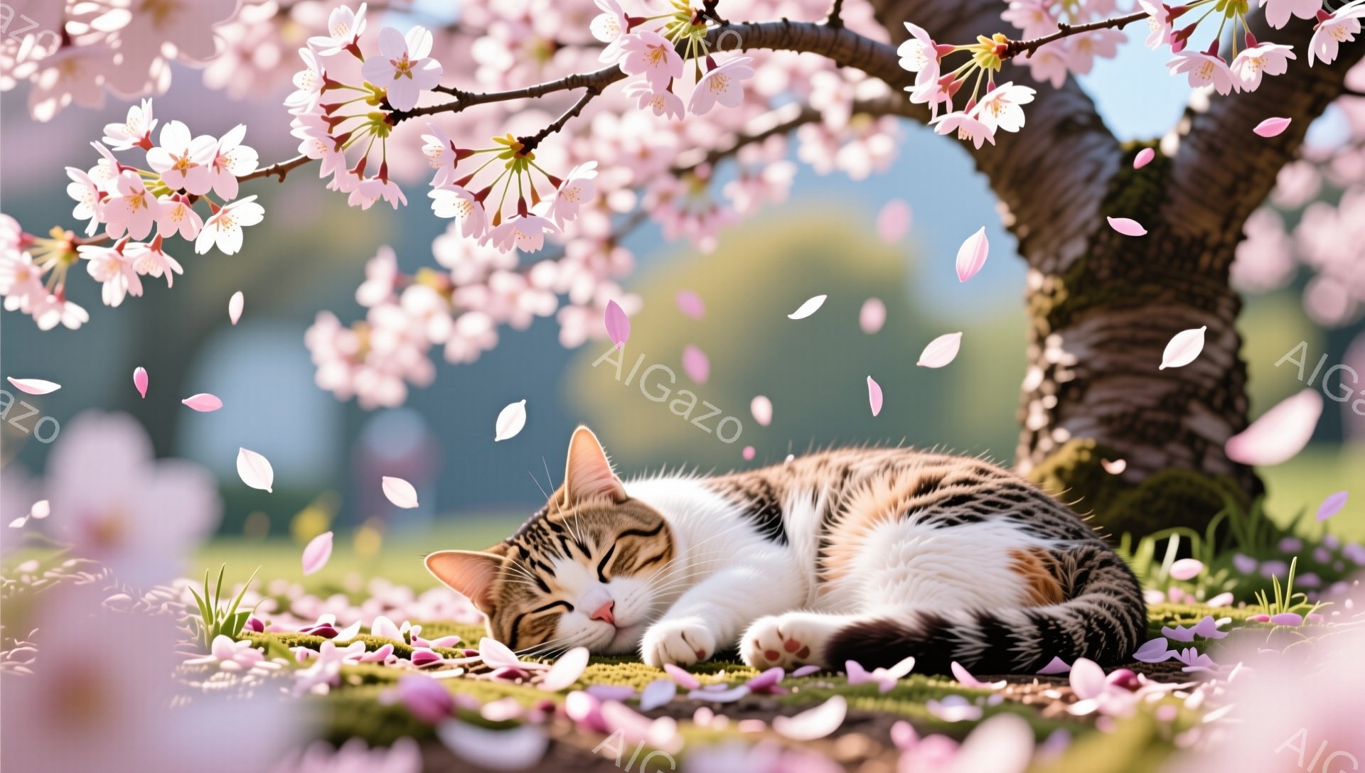 白と茶色の縞模様の猫が、桜の花びらが舞う緑の草の上で丸まって眠っています。背景には桜の木があり、優しい日差しが降り注いで春の穏やかな雰囲気を醸し出しています。猫はリラックスした表情で、平和な光景です。 - AI生成フリー素材