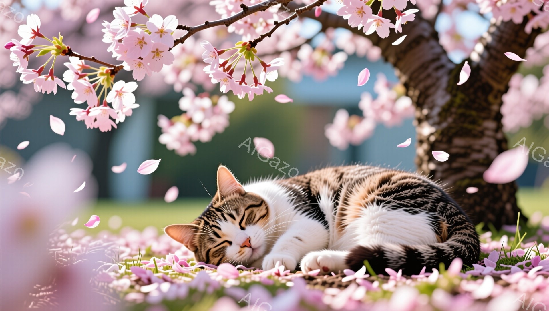 白と茶色の縞模様の猫が桜の木の下の草の上に丸まって眠っています。ピンク色の桜の花びらが舞い散り、春の穏やかな雰囲気を醸し出しています。猫はリラックスして幸せそうに眠っており、周囲の美しい景色と調和して - AI生成フリー素材