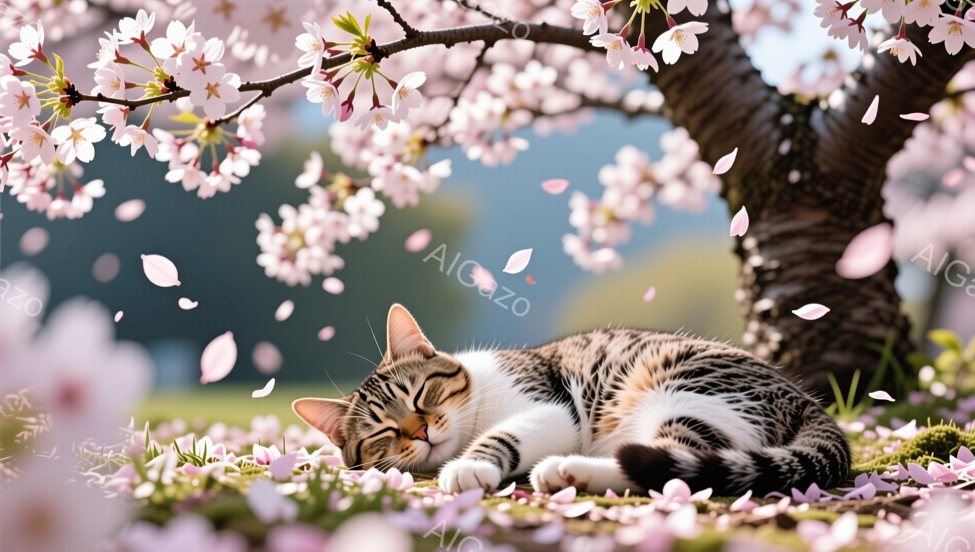 白と茶色の縞模様の猫が桜の散り敷かれた草の上に横たわって、リラックスして目を閉じています。背景には桜の木が咲き誇り、穏やかで平和な春の雰囲気を作り出しています。柔らかい光が猫と桜の花びらを照らし、暖か - AI生成フリー素材