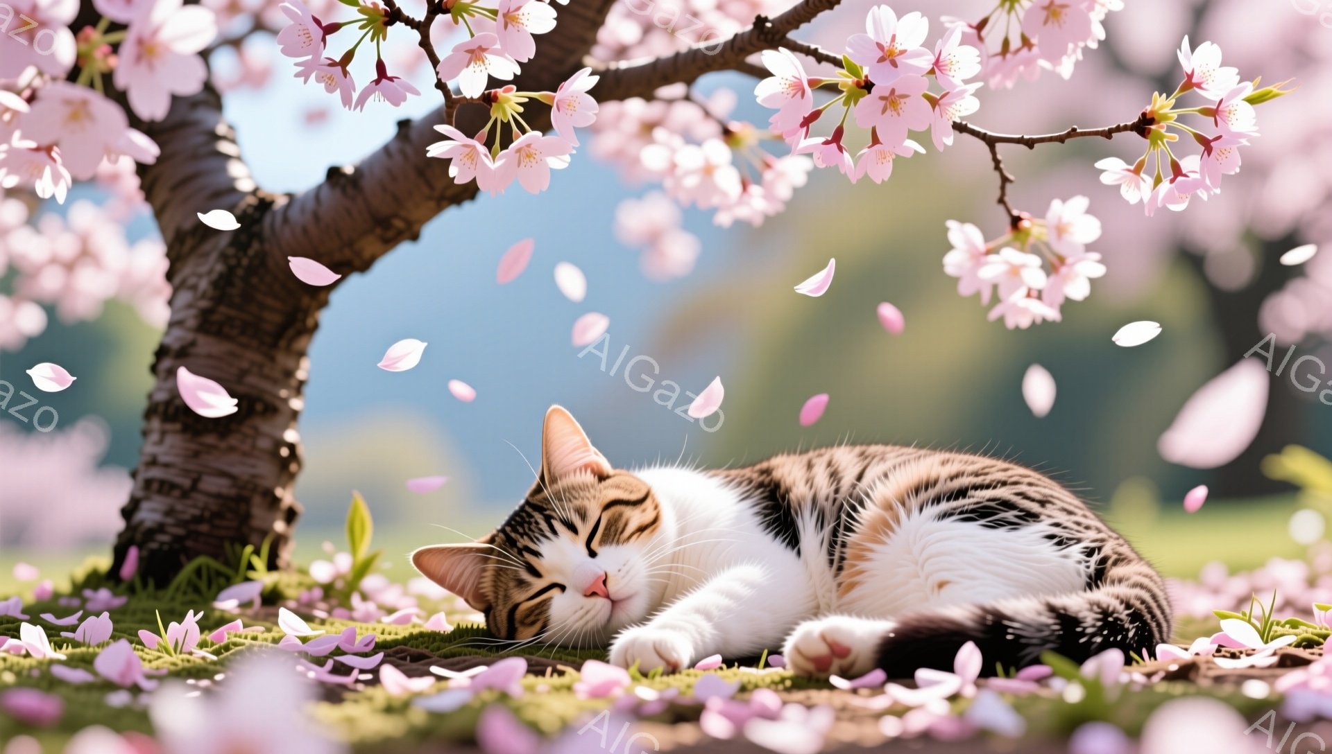 白と黒の縞模様の猫が、桜の木の下の草の上に横たわって眠っています。周りには桜の花びらが舞い散っており、春の穏やかな雰囲気を醸し出しています。背景にはぼやけた緑の景色が広がり、猫の安らかな姿が際立ってい - AI生成フリー素材