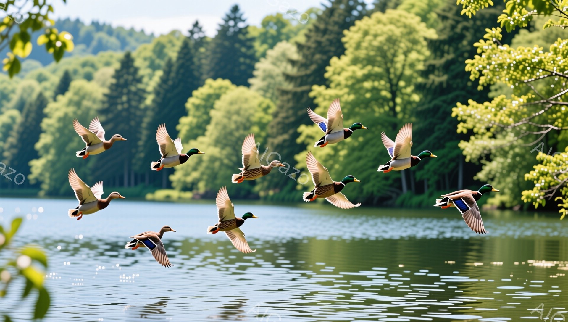 静かな湖の上をカモの群れが飛んでいる。水面は穏やかで、周囲の緑豊かな木々が反射して美しい風景を作り出している。平和で穏やかな雰囲気が漂う自然の光景だ。 - AI生成フリー素材