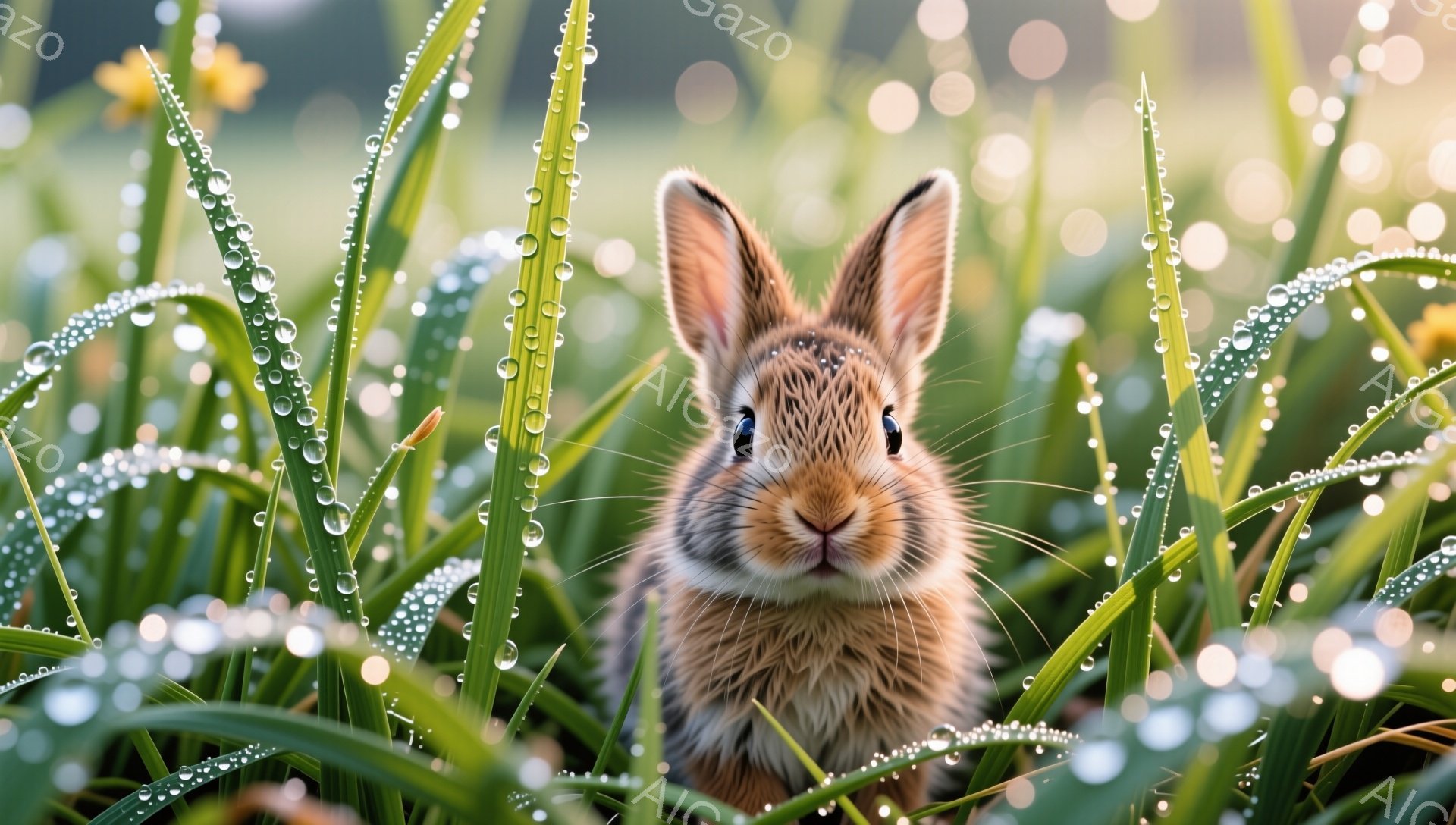朝露に濡れた草の中で、可愛らしい茶色のウサギがこちらを見つめています。太陽の光が差し込み、背景にはぼんやりと緑の葉と花々が映り、穏やかな雰囲気を醸し出しています。ウサギの毛並みは細かく、つぶらな瞳が印象的です。