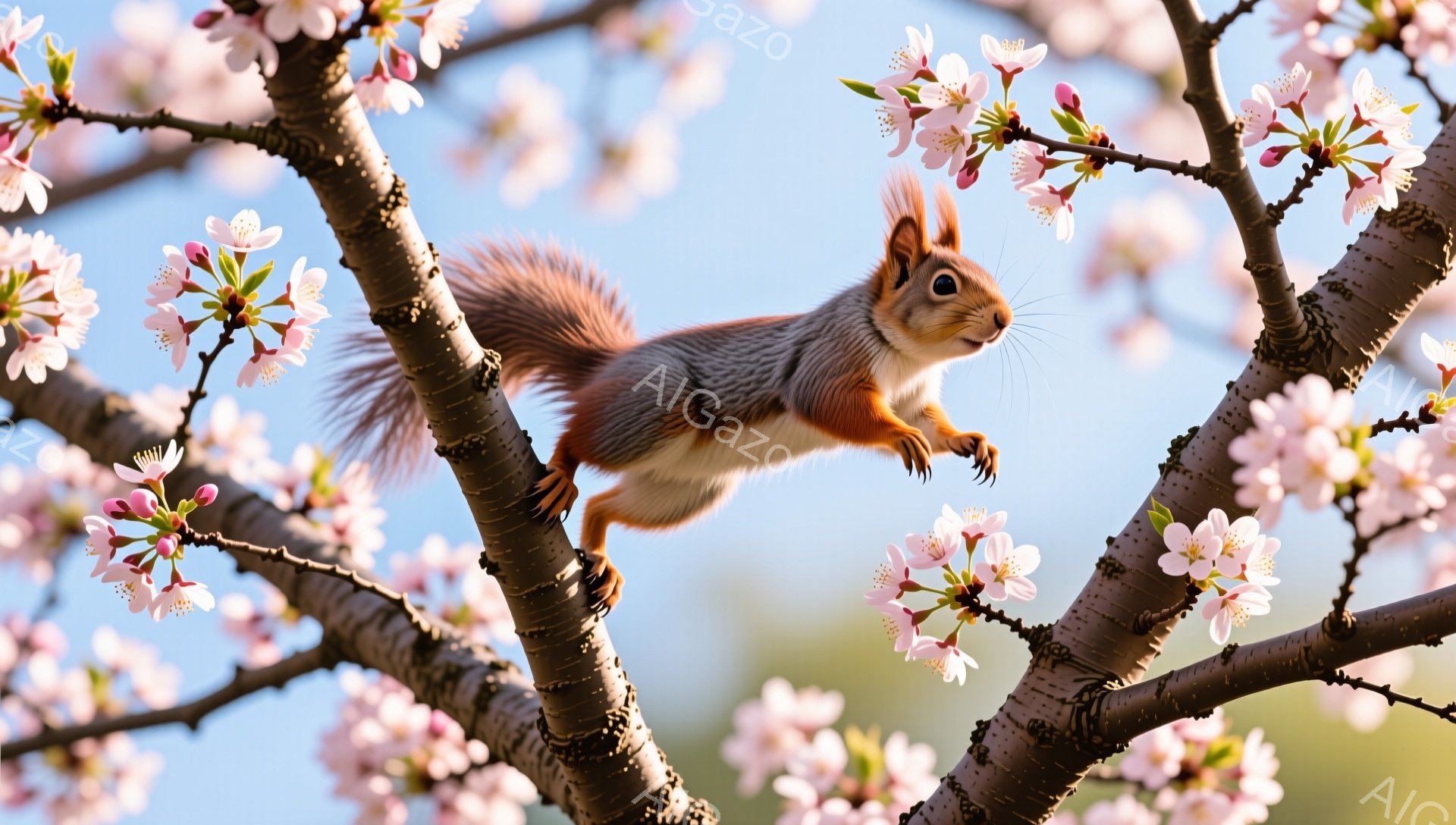 桜の木の枝にとまるリスが写っています。毛並みが美しく、ピンク色の花々とコントラストが際立っています。春らしい暖かく穏やかな雰囲気の画像です。 - AI生成フリー素材