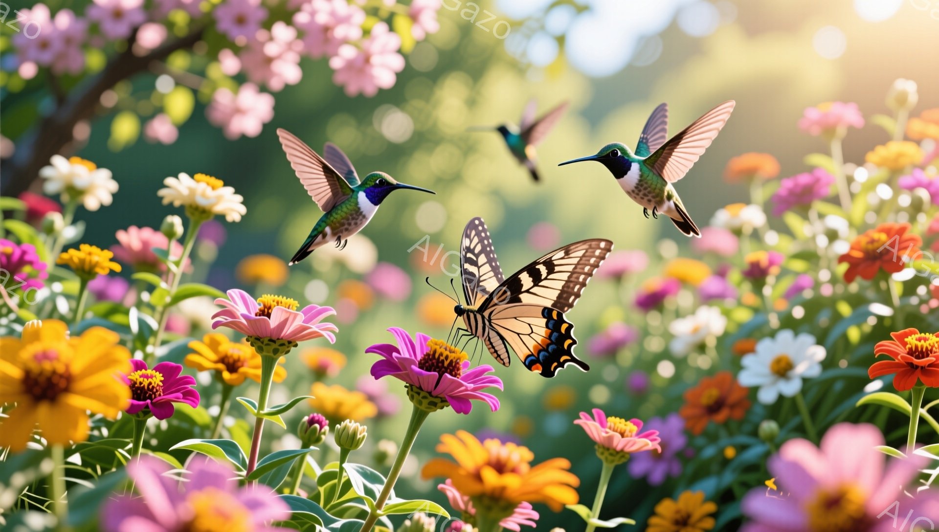 色とりどりの花々が咲き乱れる庭で、２羽のハチドリと１羽の蝶が飛び交っている。柔らかい光が差し込み、自然の美しさを引き立てている。背景は緑豊かで、花々と昆虫が織りなす鮮やかな色彩が印象的だ。 - AI生成フリー素材