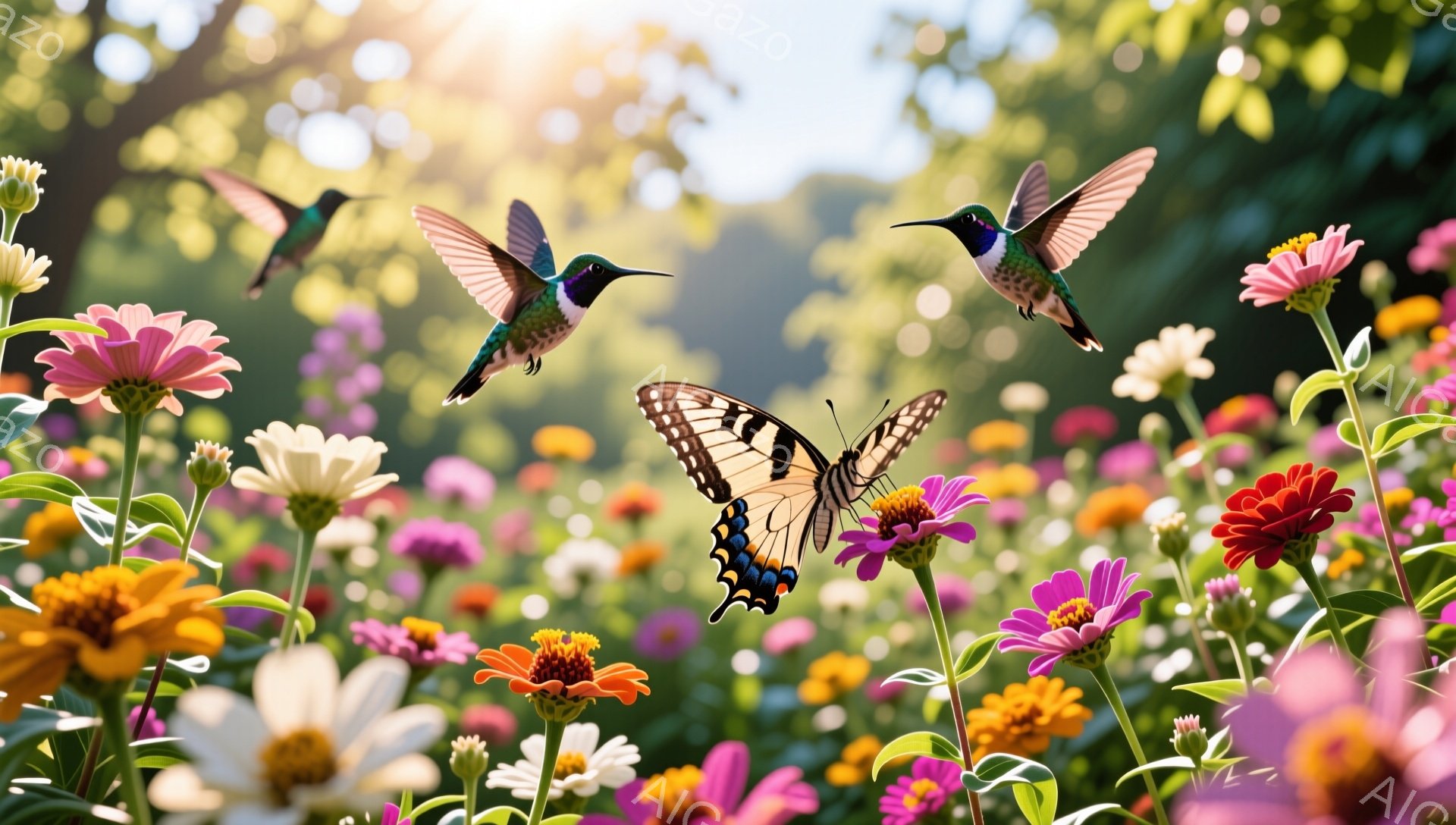 色とりどりの花々が咲き乱れる庭で、二羽のハチドリと一匹の蝶が飛び交っている。太陽の光が差し込み、生き生きとした自然の息吹を感じさせる、明るく穏やかな雰囲気の画像である。花と昆虫の鮮やかな色彩が、夏の日 - AI生成フリー素材