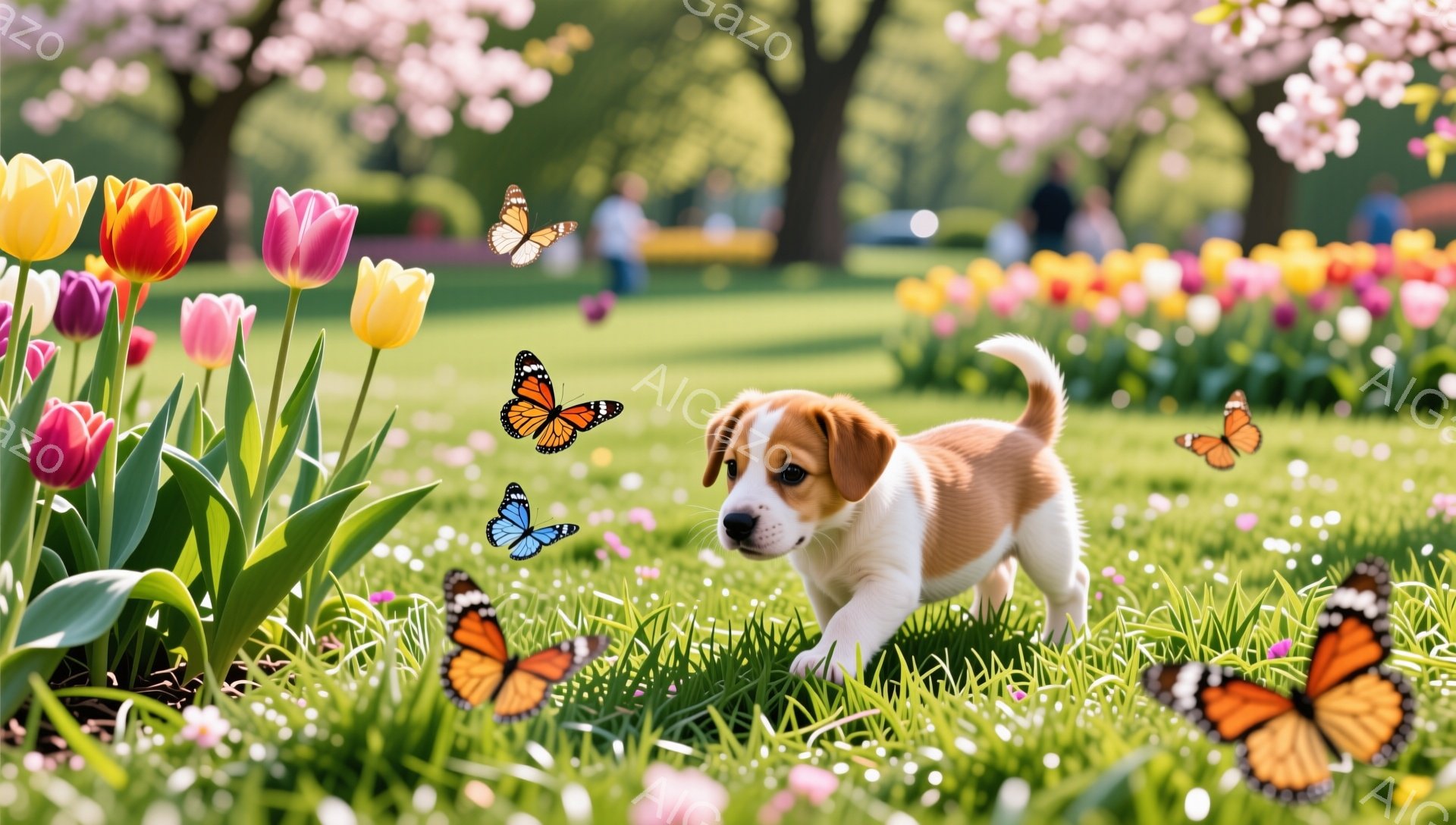 春の庭で、小さな子犬が色とりどりのチューリップの間を走り回っている。周りには蝶が舞い、背景には桜の木が見える、暖かく穏やかな雰囲気の風景だ。子犬は好奇心旺盛な表情で、遊び心に満ち溢れている。 - AI生成フリー素材