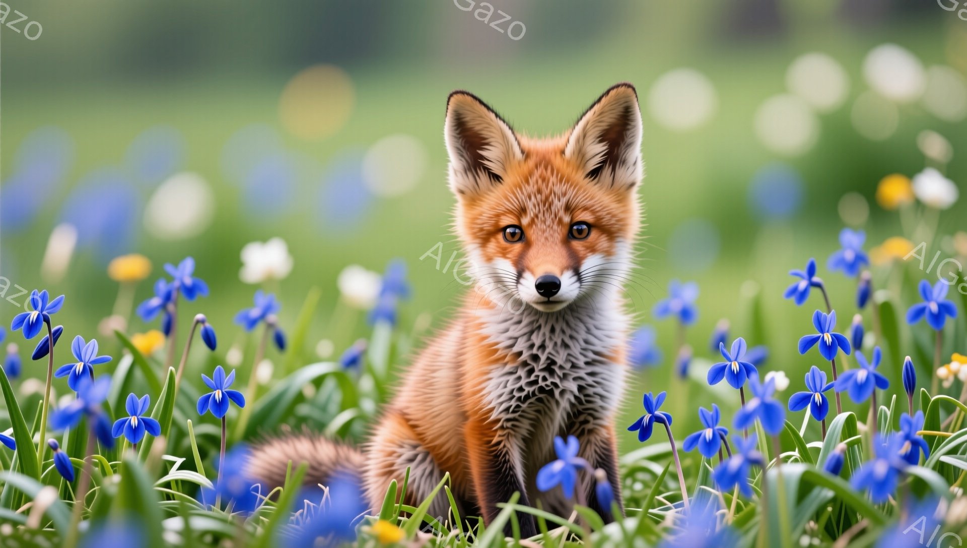 明るい緑の草原に、たくさんの青い花が咲き乱れ、その中に可愛らしい子ギツネが座っています。子ギツネは毛並みが柔らかく、好奇心に満ちた目でこちらを見つめています。穏やかで平和な雰囲気の自然の光景です。