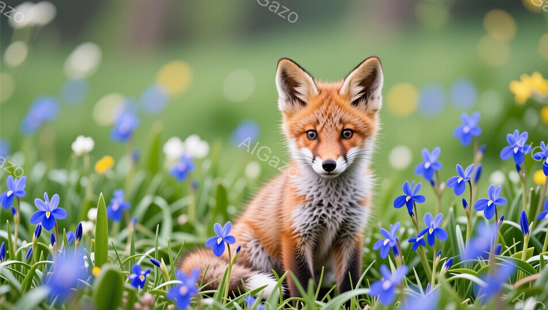 可愛らしい子ギツネが青い花畑の中で座っている。毛並みは柔らかく、鮮やかなオレンジ色で、大きな瞳が印象的だ。背景には緑豊かな草が生い茂り、春の暖かな雰囲気が感じられる。