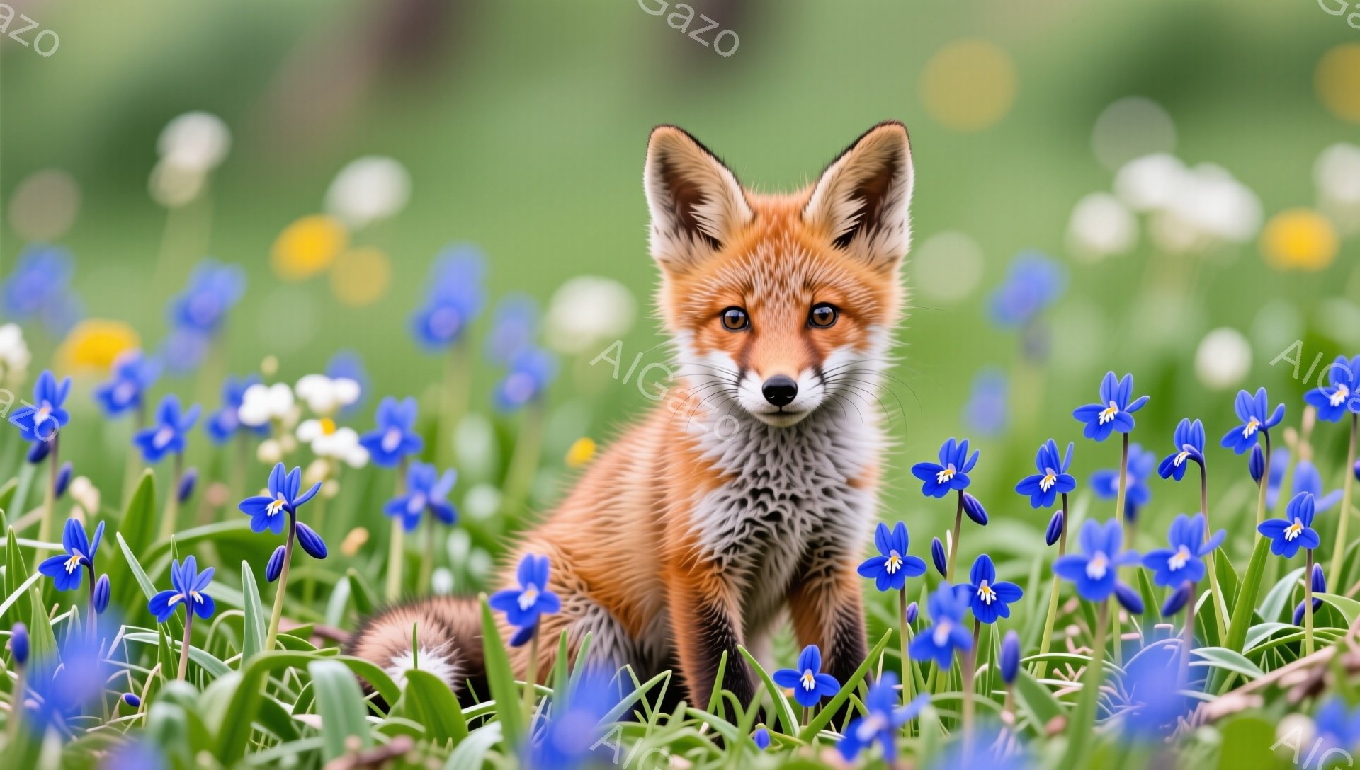 赤い毛並みのキツネが、青い花が咲き乱れる草原の中に座っています。その表情は穏やかで、好奇心旺盛な様子が伺えます。春らしい明るい雰囲気で、自然の美しさを表現しています。