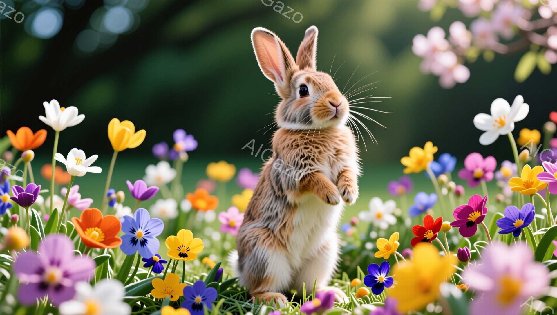 色とりどりの花々の中に、立ち上がって両手を掻き上げる可愛らしい子ウサギがいます。毛並みは茶色と白で柔らかそうな印象を与え、丸い瞳が好奇心を湛えています。背景は緑豊かな草地で、春の暖かさと生命力に満ちた雰囲気です。