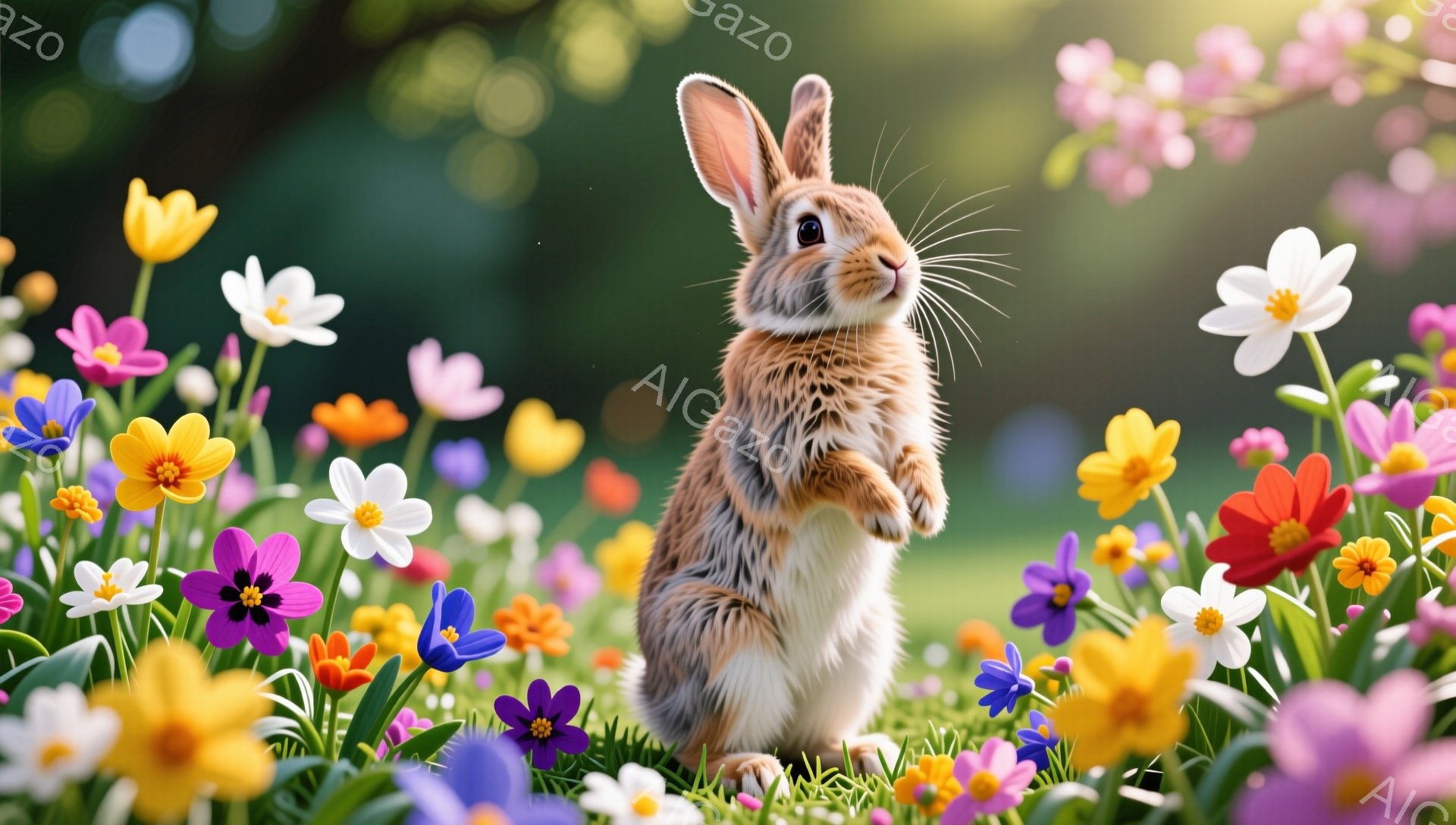 鮮やかな野花が咲き乱れる草むらに、茶色のウサギが立ち上がって何かを見ている。ウサギは毛並みが美しく、好奇心に満ちた表情で、春の穏やかな日差しの中で生き生きとしている。背景にはぼやけた花々が広がり、暖か - AI生成フリー素材