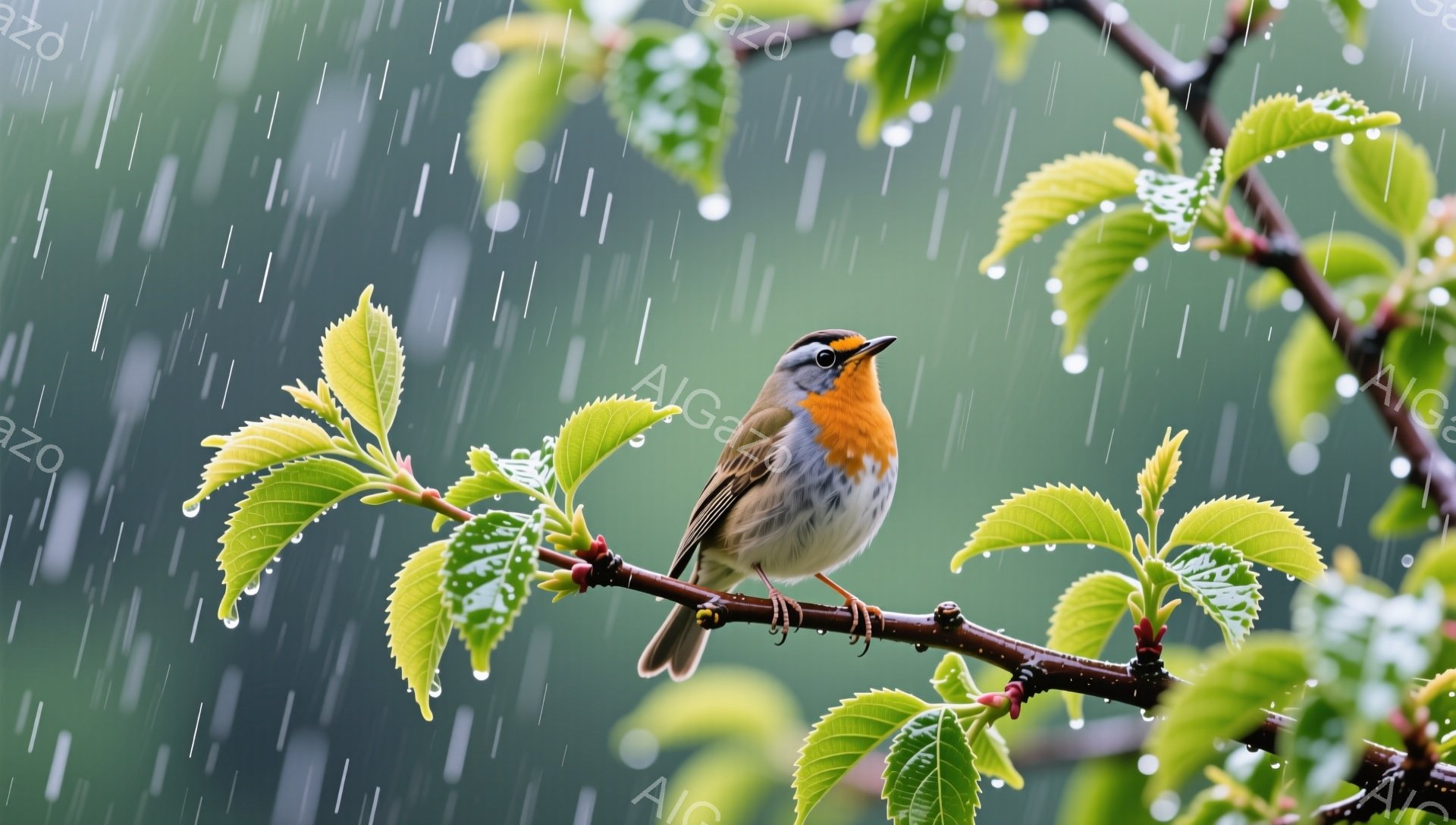雨の中、緑の葉の上に赤い胸を持つ鳥がとまっています。雨粒が葉や鳥の羽に光り、春らしい自然の風景が描かれています。背景は緑豊かで、雨の日の静けさと鳥の生命力を感じさせます。