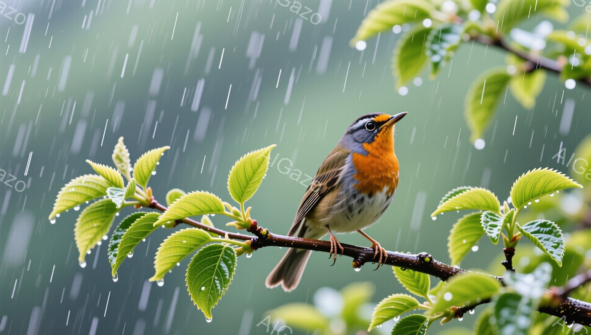 雨の中で、赤い胸を持つ小さな鳥が緑の枝にとまっている。雨粒が葉や鳥の羽に付いており、春の雨の日の静かな情景が表現されている。背景はぼやけており、雨の降る自然の中に鳥が生き生きと存在している様子が伝わってくる。