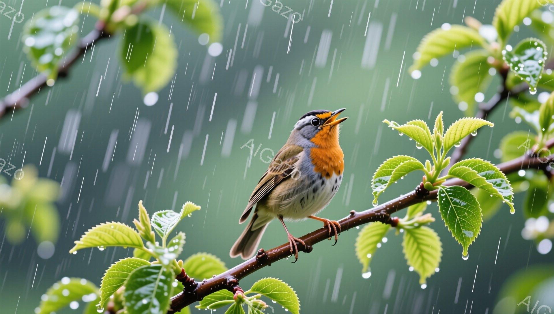 雨の中、木の枝に留まっている小さな鳥が描かれています。オレンジ色の胸と背中の模様が特徴的で、雨粒が葉に付着し、しっとりとした雰囲気を醸し出しています。背景は緑豊かな自然で、鳥の鮮やかな色彩が際立ってい - AI生成フリー素材