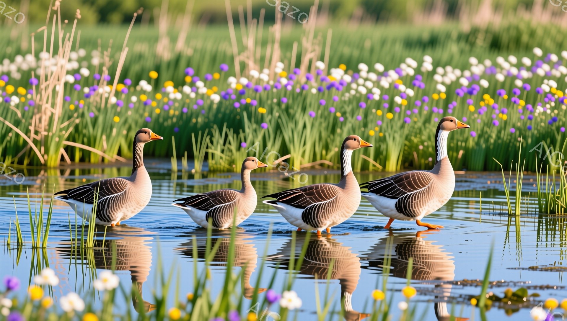 広大な水面に３羽のハクガンが並んで浮かんでいます。鮮やかな紫と黄色の花々が水辺を彩り、穏やかで平和な雰囲気を醸し出しています。水面に映る姿も美しく、自然の静寂が感じられます。 - AI生成フリー素材
