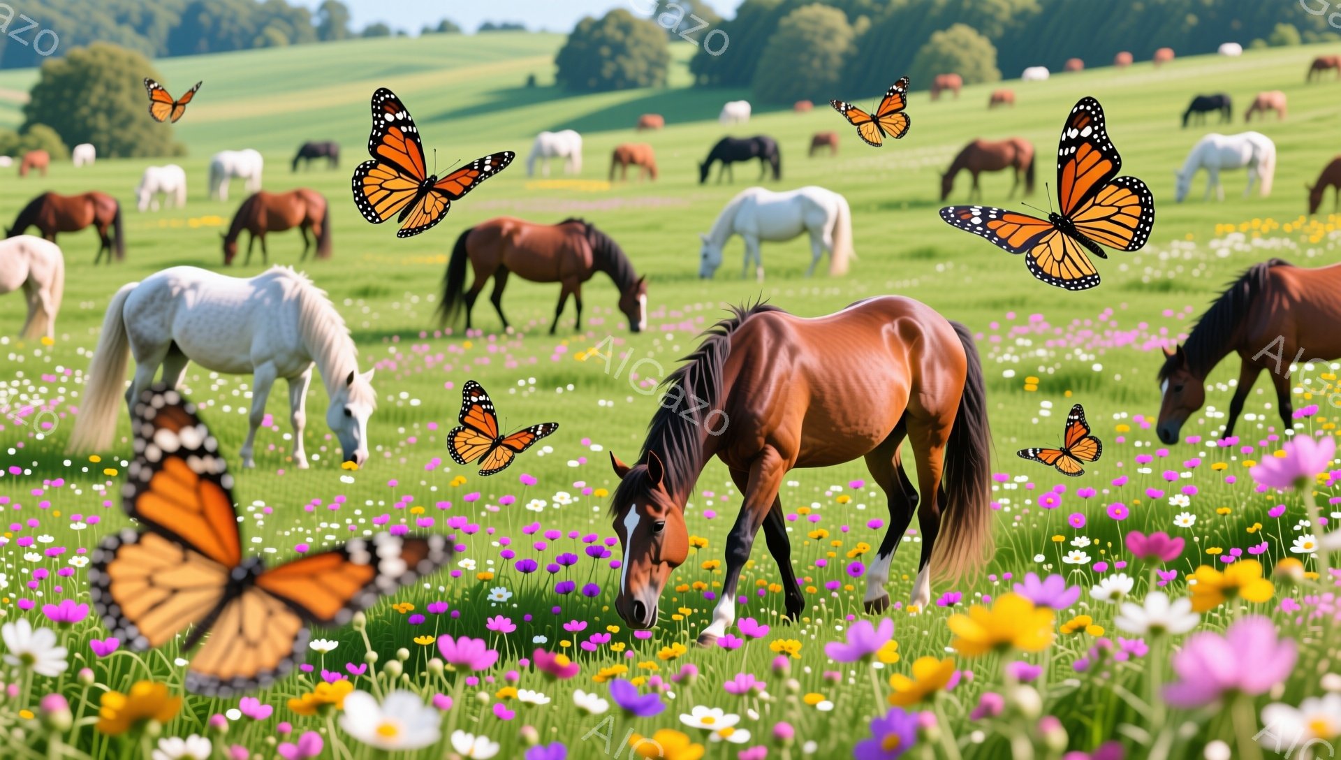 広大な牧草地に茶色や白の馬たちが群れをなし、草を食んでいる。鮮やかな野花が咲き乱れ、蝶が舞い、平和で牧歌的な雰囲気を醸し出している。空は青く、遠くには緑の丘が見える。 - AI生成フリー素材