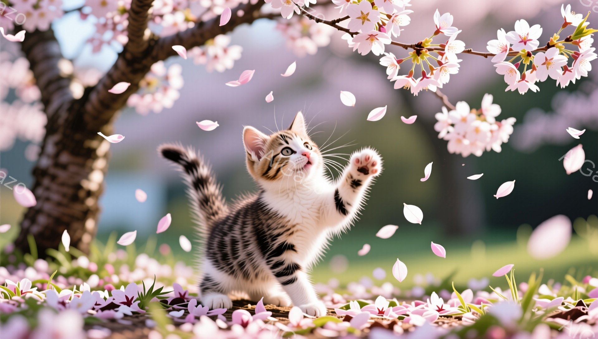 小柄な縞模様の猫が桜の木の下で、前足を伸ばして花びらを捕まえようとしています。周りには桜の花びらが舞い散り、春の暖かく優しい雰囲気を醸し出しています。背景には緑の草が生い茂り、穏やかな時間が流れていま - AI生成フリー素材