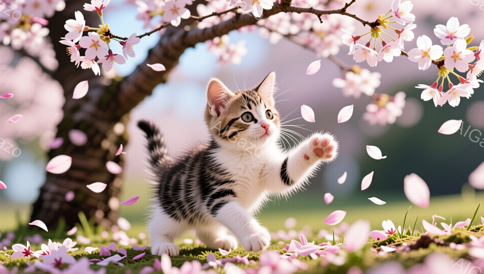 桜の木の下で、子猫が前足を伸ばして花びらを追いかけている。ピンク色の花びらが舞い散り、春の暖かく穏やかな雰囲気が伝わってくる。緑の草の上を歩く子猫の姿は、可愛らしく、見ているだけで心が和む。