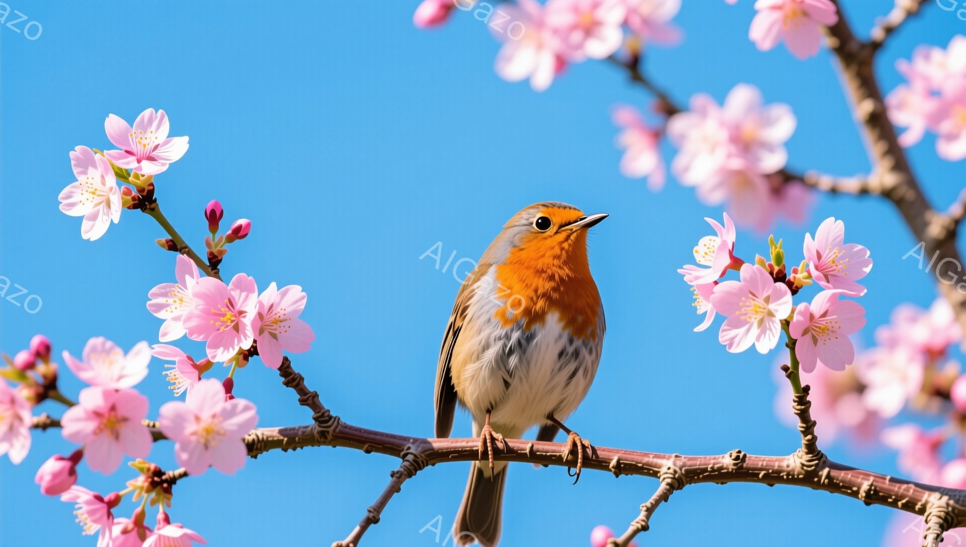 桜の枝にとまっている赤い胸をした鳥が写っています。背景は鮮やかな青空で、周りにはピンク色の美しい桜の花が咲き誇っています。春の訪れを感じさせる、穏やかで優しい雰囲気の写真です。