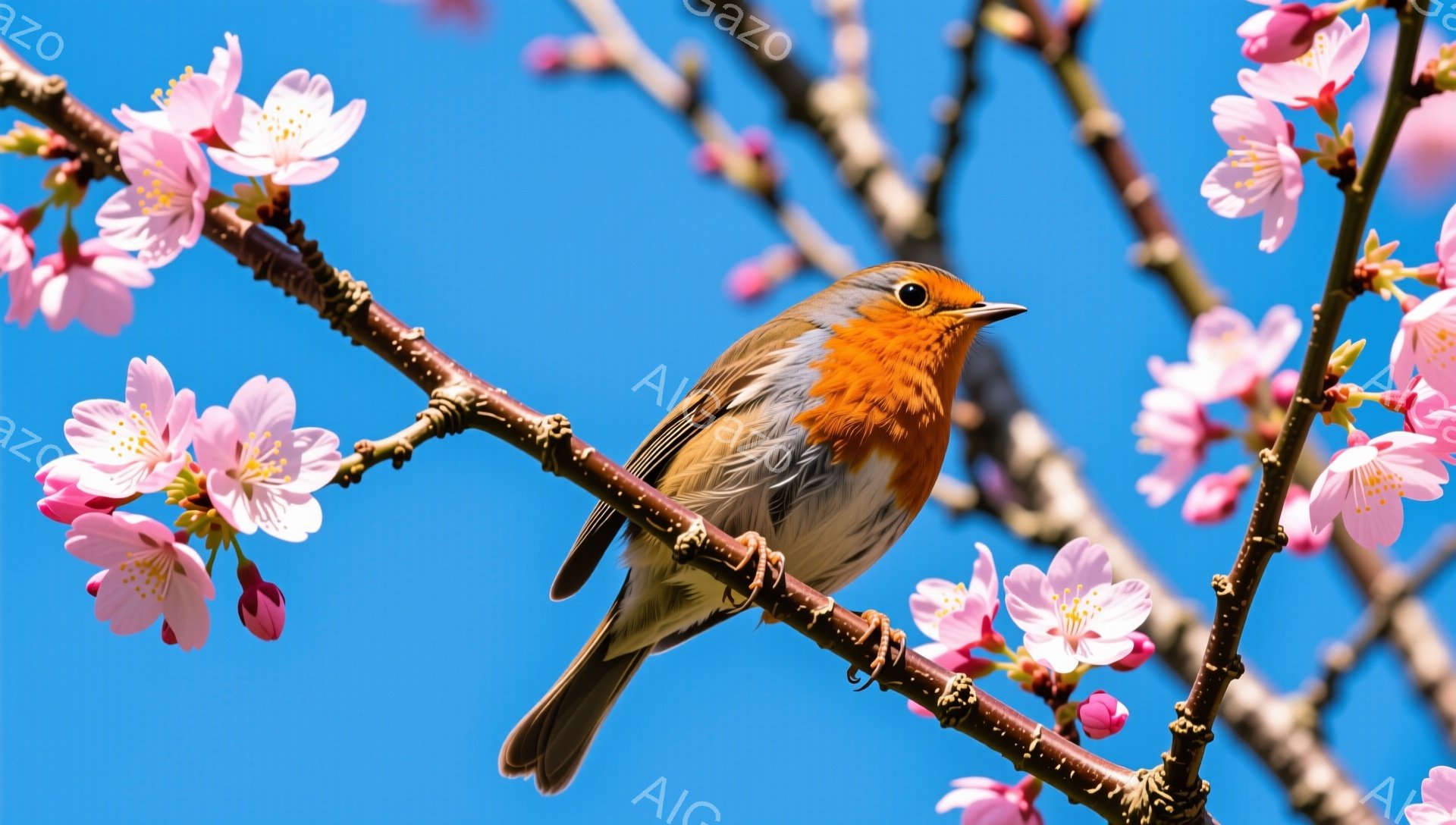 鮮やかなピンク色の桜の花の枝にとまっている、胸が赤茶色の可愛らしい鳥が写っている。空は澄み切った青色で、春の暖かさと穏やかな雰囲気が感じられる。鳥はまるで春の訪れを告げる使者のように、優雅に枝に止まっ - AI生成フリー素材