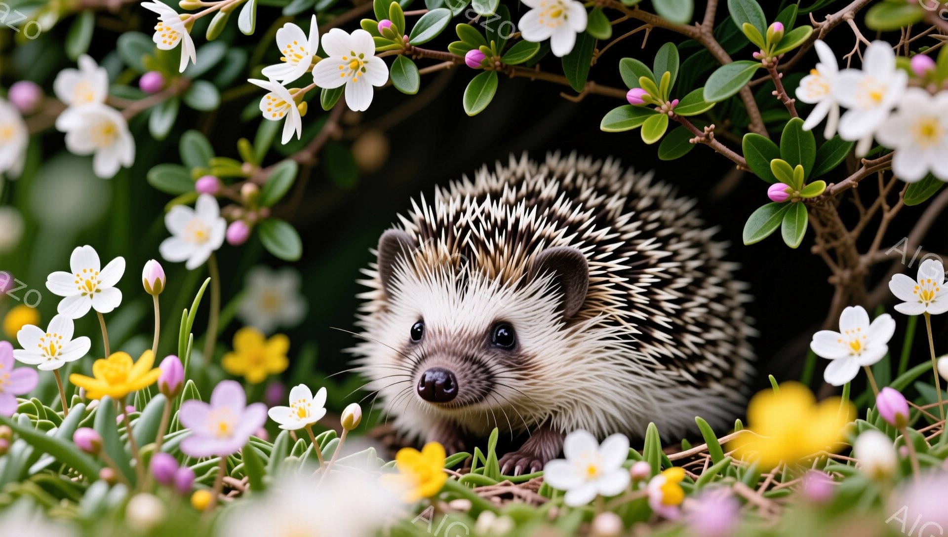 可愛らしいハリネズミが、ピンクや黄色の花々に囲まれた草むらに隠れている。つぶらな瞳と小さな鼻が特徴的で、警戒しながらも興味津々な表情を見せている。春らしい柔らかな光が全体を包み込み、穏やかな雰囲気を醸 - AI生成フリー素材