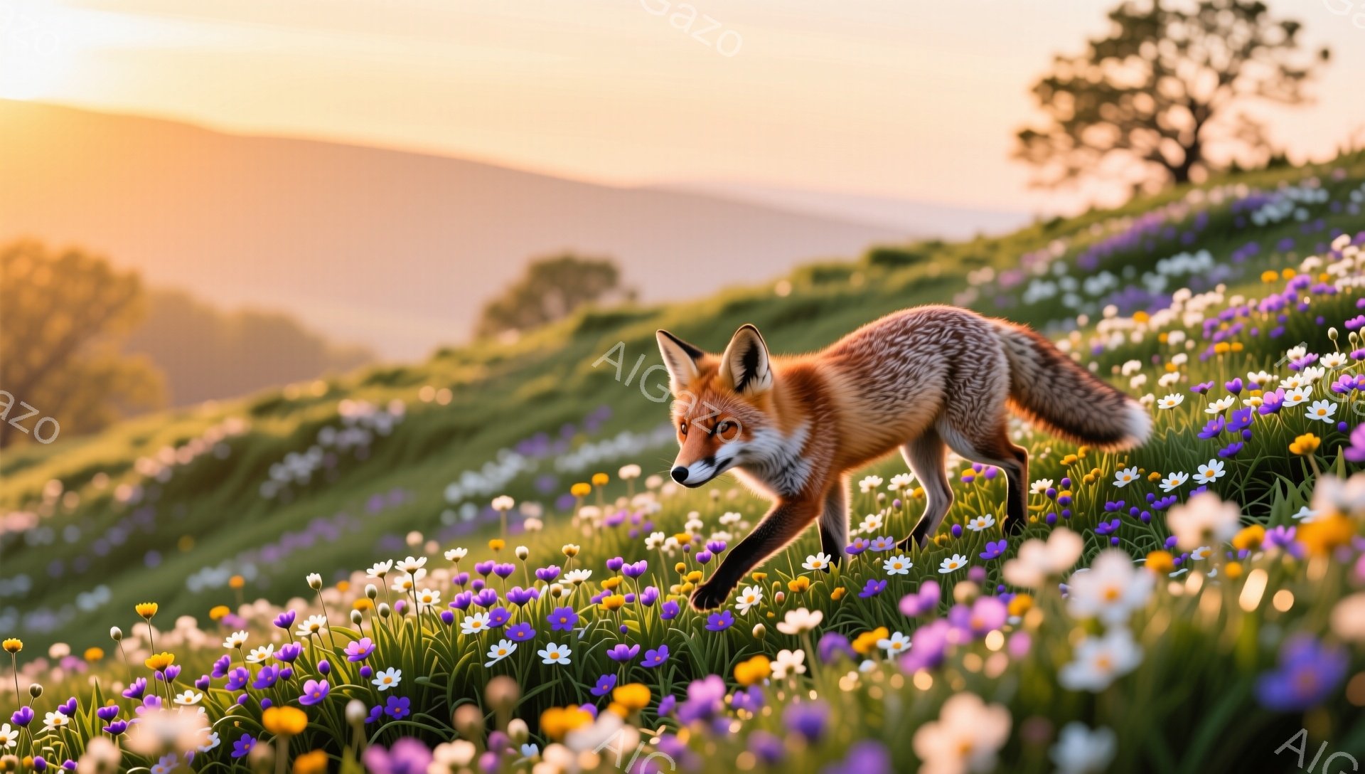 鮮やかな花畑を駆けるキツネが写っている。夕日の柔らかい光がキツネの毛並みを照らし、背景の花々を美しく彩っている。暖かく穏やかな雰囲気が伝わってくる。