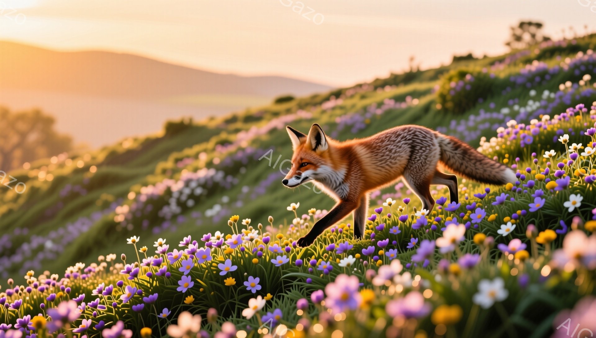 オレンジ色の毛並みを持つキツネが、紫と黄色の花が咲き乱れる草原を歩いている。夕日の光が優しくあたりを照らし、暖かく穏やかな雰囲気を醸し出している。背景には山並みが見え、自然豊かな風景が広がる。 - AI生成フリー素材