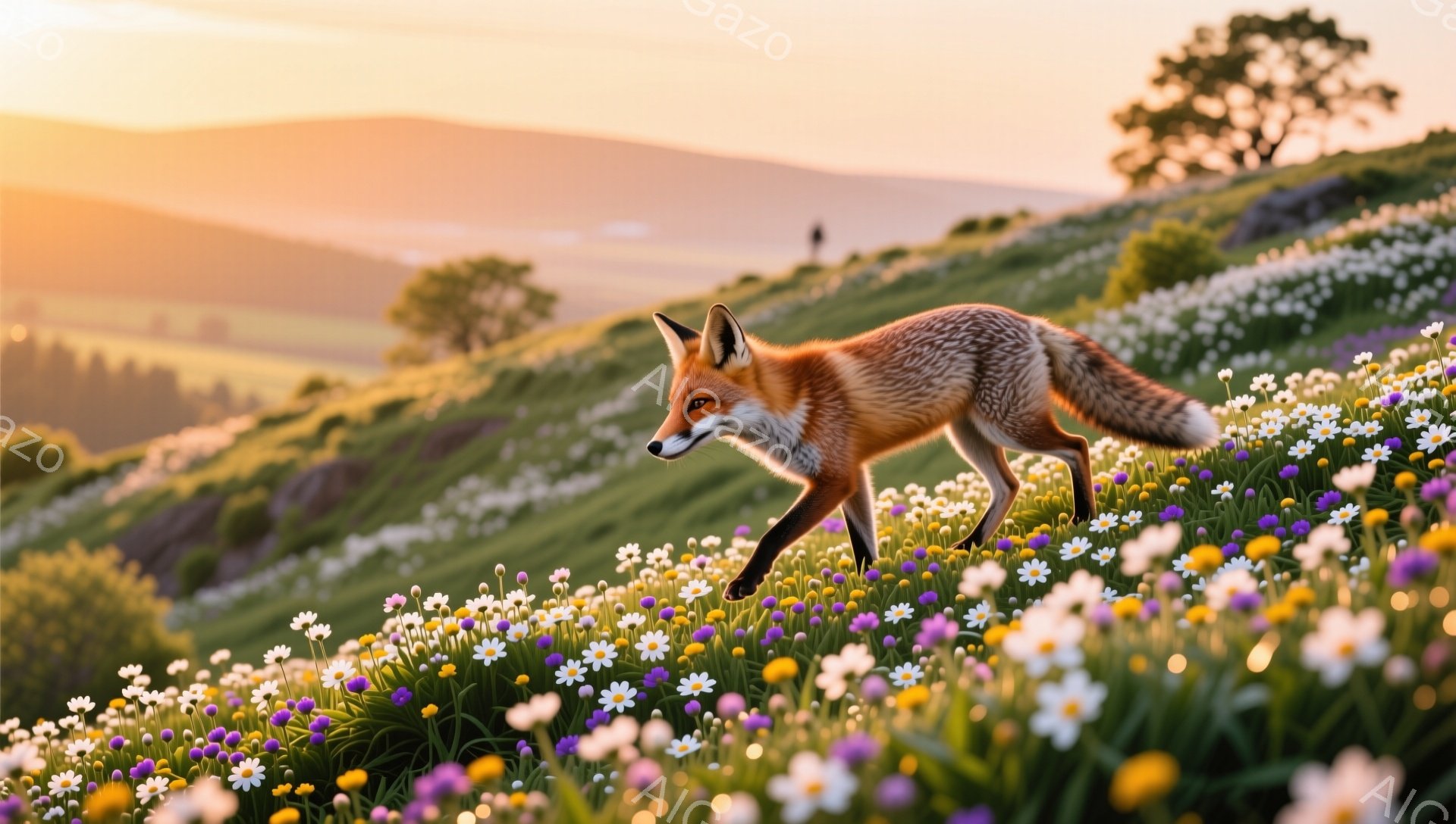 鮮やかな野花が咲き乱れる丘を、一匹のキツネが歩いている。夕焼け空の下、草木は金色に輝き、キツネの毛並みも温かい光に照らされている。穏やかで美しい自然の風景が広がり、平和な雰囲気に包まれている。 - AI生成フリー素材