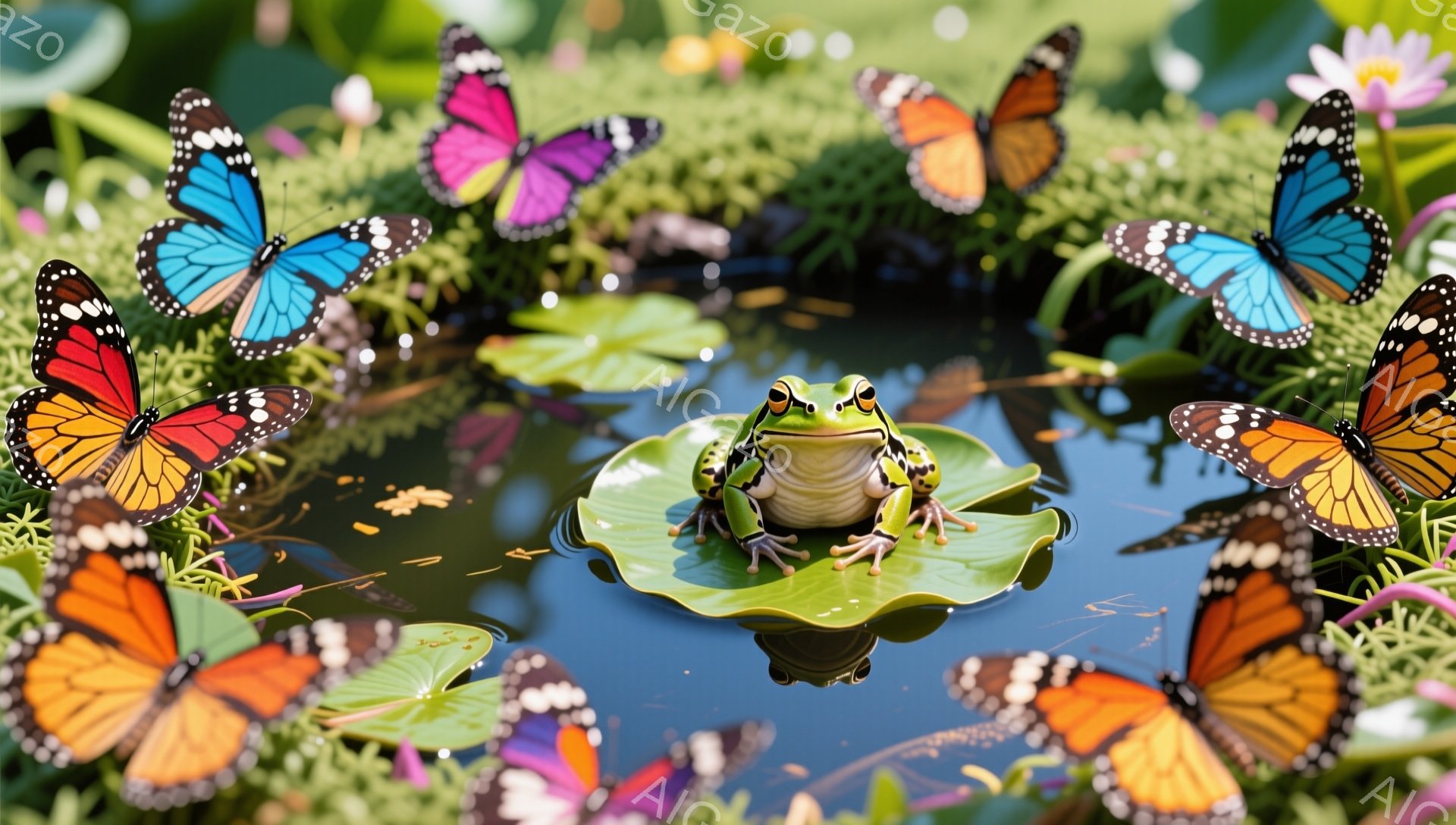 緑色のカエルが大きなスイレンの葉の上に座っており、周囲には色とりどりの蝶が舞っています。水面は穏やかで、葉っぱと蝶が水面に映り込み、幻想的な雰囲気を醸し出しています。鮮やかな色彩と自然の美しさが際立つ、平和な光景です。