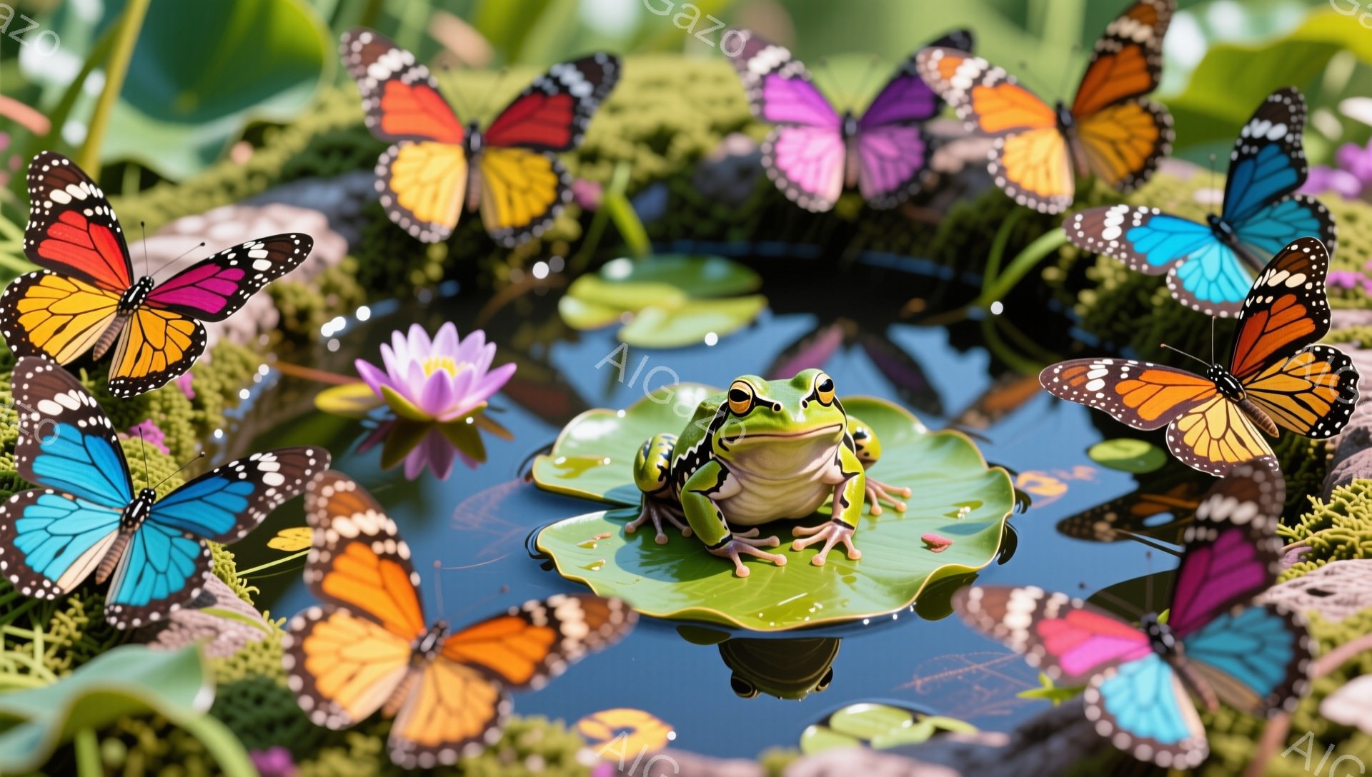 明るい緑色のカエルが、水面に浮かぶ蓮の葉の上に座っています。周囲には色とりどりの蝶が舞い、幻想的な雰囲気を醸し出しています。水面には蝶と蓮の花が映り込み、美しい光景を作り出しています。