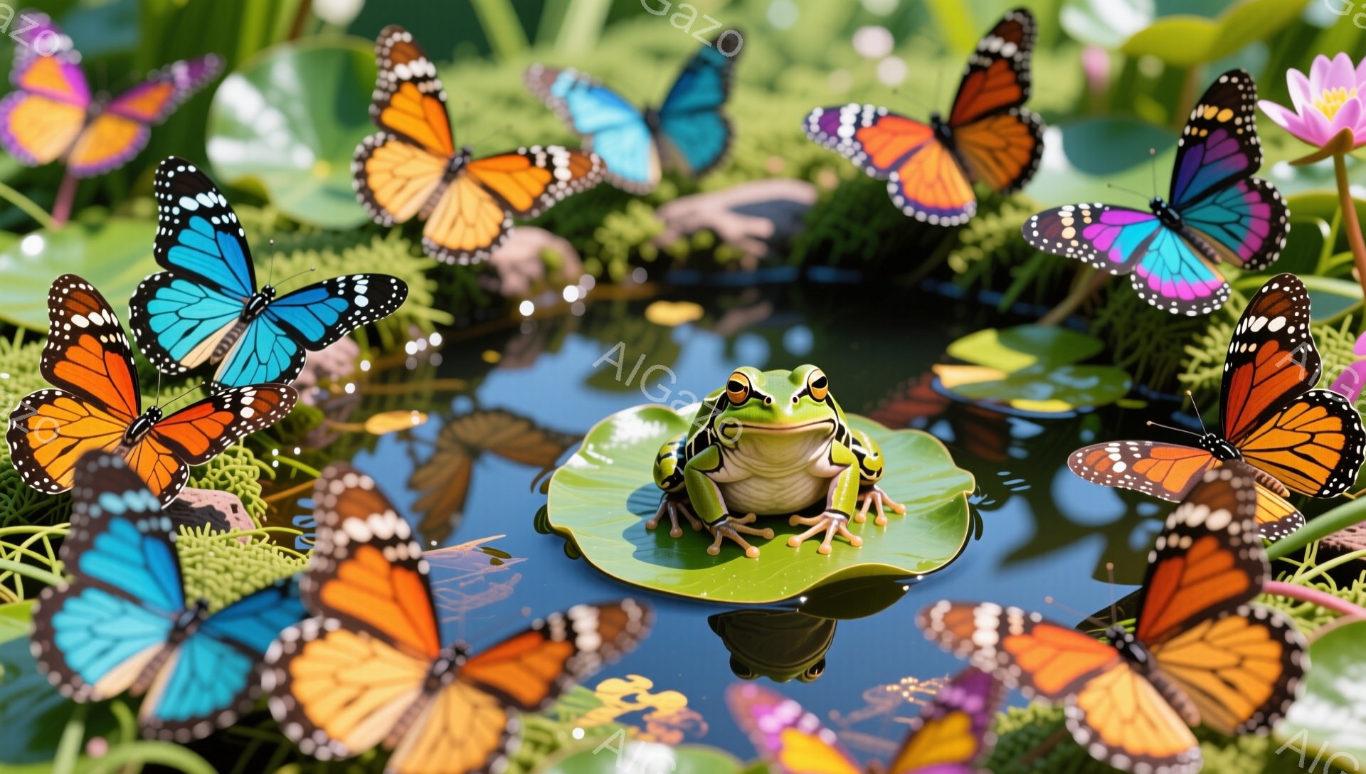 緑色のカエルが大きな睡蓮の葉の上に座っており、周囲には色とりどりの蝶が舞っています。水面は穏やかで、蝶とカエルの鮮やかな色が周囲の緑豊かな植物と調和し、平和で幻想的な雰囲気を醸し出しています。