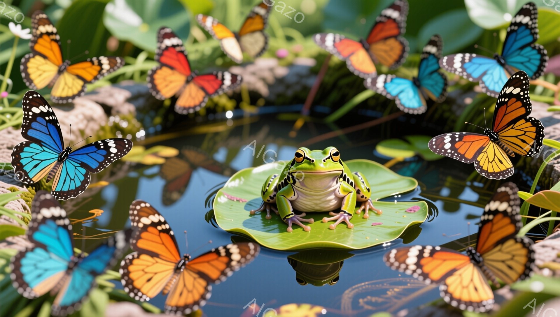 緑色のカエルが大きなスイレンの葉の上に座って、周囲を舞う色とりどりの蝶たちを見ている。穏やかな水面と鮮やかな自然が、平和で幻想的な雰囲気を醸し出している。太陽の光が水面を照らし、光と影が美しいコントラストを生み出している。
