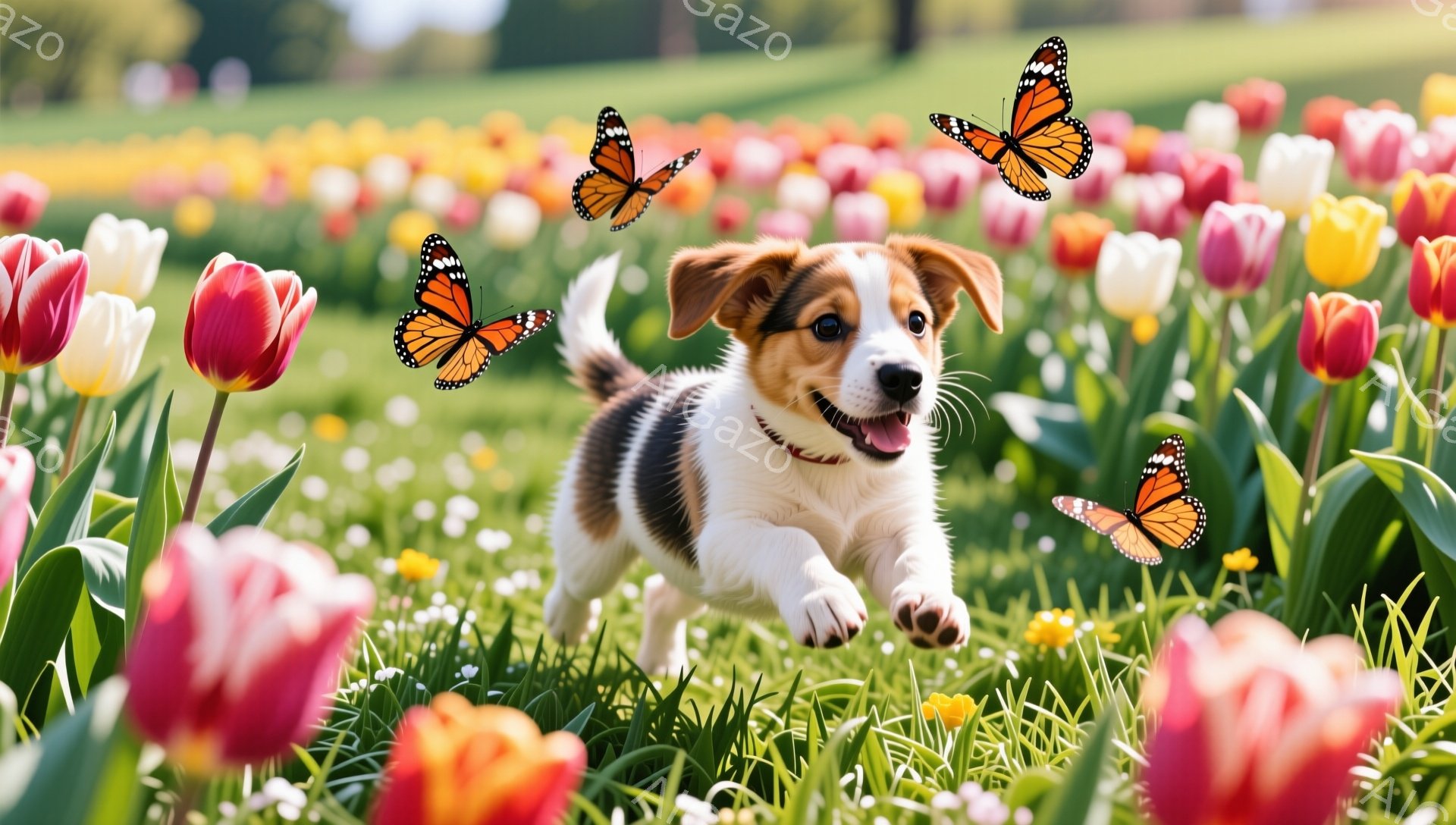 色とりどりのチューリップ畑を、小さな子犬が嬉しそうに駆け抜けています。蝶が舞い、春の陽気で明るい雰囲気が伝わってきます。子犬は元気いっぱいで、可愛らしい姿をしています。 - AI生成フリー素材