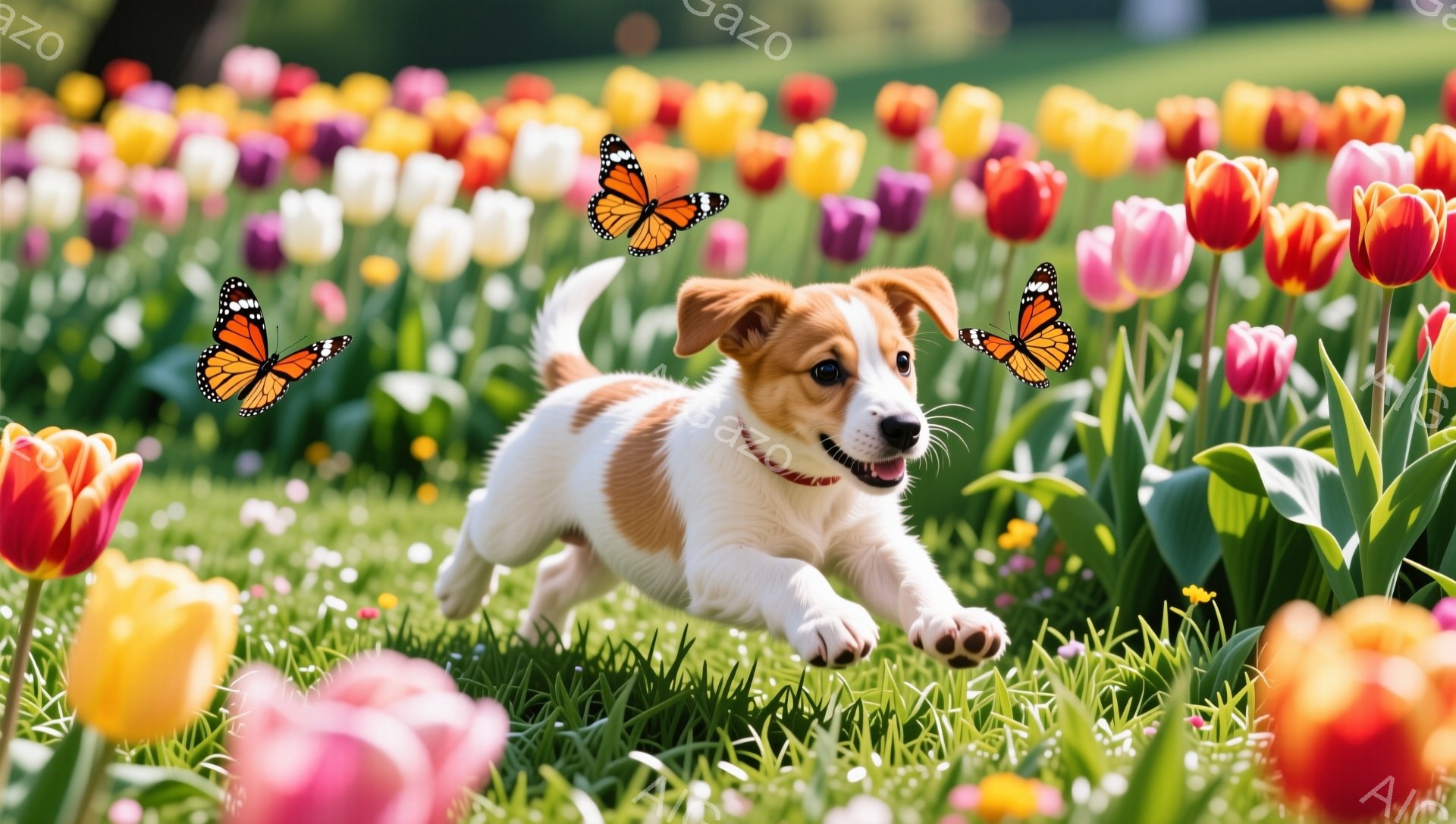 広大なチューリップ畑を、小さなジャックラッセルテリアの子犬が元気に走り回っている。鮮やかな花々と緑の草の上を駆け抜け、まるで春の妖精のようだ。周囲には蝶が舞い、暖かく幸せな雰囲気が漂っている。