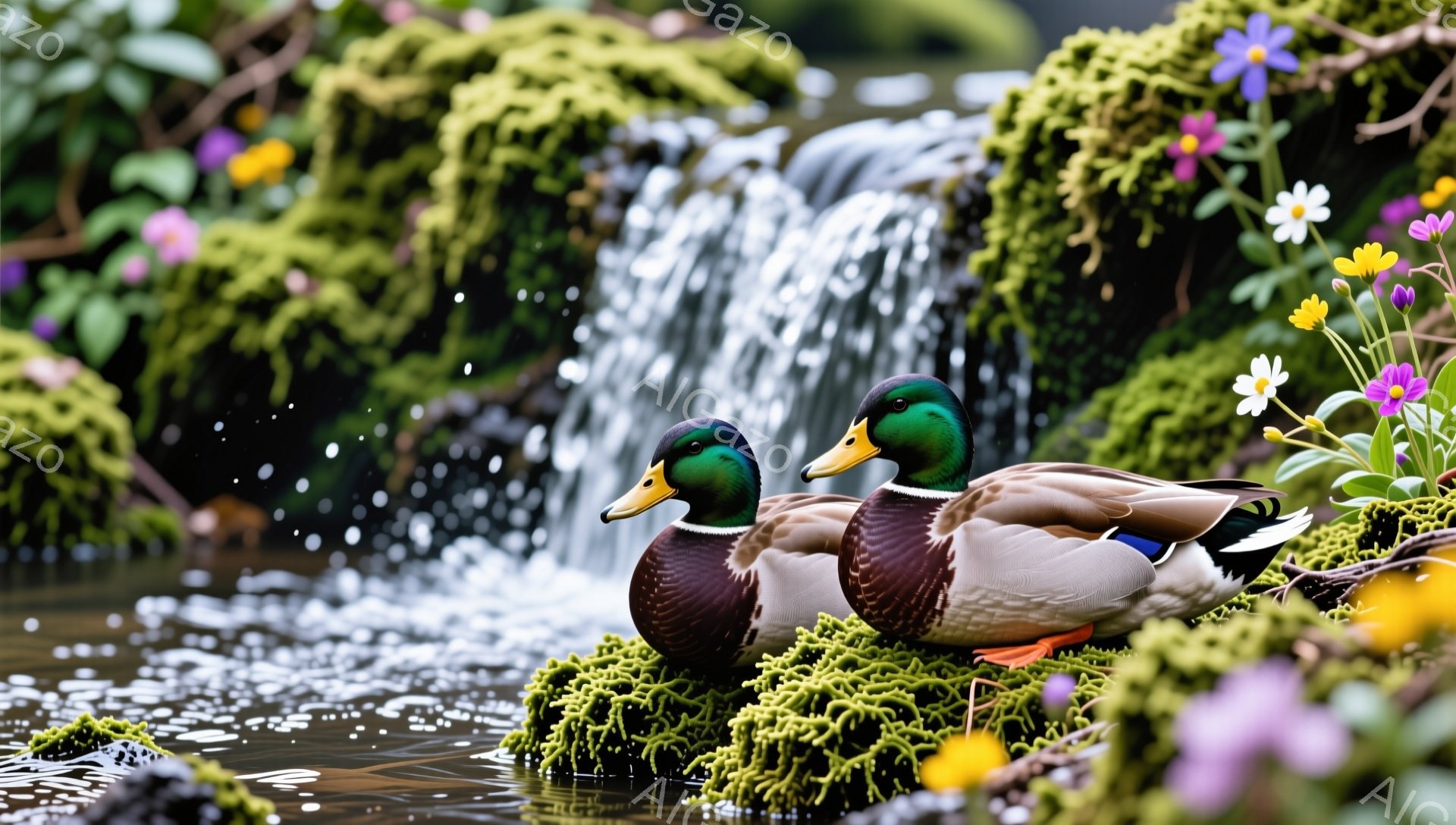 アヒル二羽が苔むした岩の上に並んで休んでいる。背景には水が流れ落ちる滝があり、周囲には色とりどりの花々が咲き乱れ、穏やかで自然豊かな雰囲気を醸し出している。水面は穏やかで、光が反射してキラキラと輝いて - AI生成フリー素材