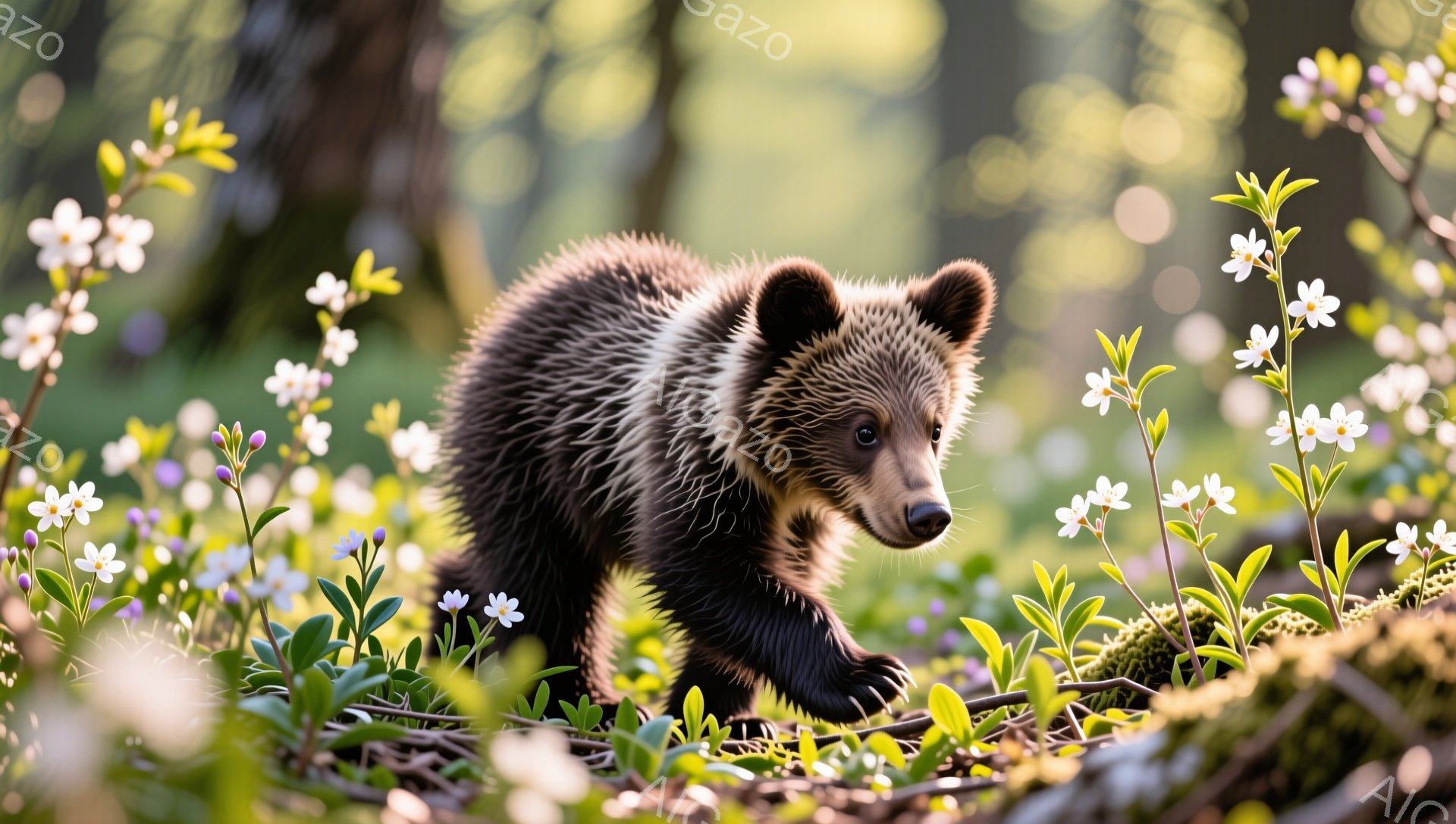 小さなクマが花畑の中を歩いている。緑豊かな背景と、白い花々が春の訪れを告げている。クマの毛並みは柔らかく、生き生きとした雰囲気が感じられる。