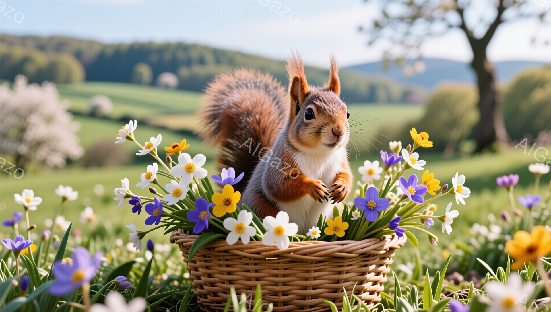 明るい日差しの中、リスが花盛りの籠に座っています。青い花や黄色い花に囲まれ、好奇心いっぱいの表情でこちらを見ています。背景には緑の草地とぼやけた木々が広がり、春の暖かさを感じさせる穏やかな雰囲気です。