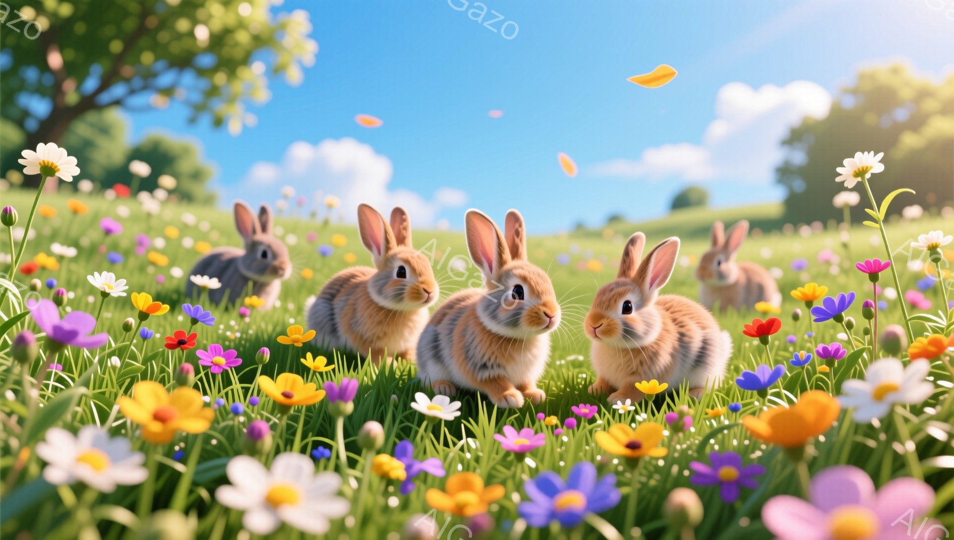 色とりどりの花々が咲き乱れる草原で、四匹の可愛らしいウサギたちが寄り添って座っています。日差しは暖かく、背景には緑豊かな木々が見え、穏やかで平和な雰囲気が漂っています。落ち葉が舞い、春の訪れを感じさせ - AI生成フリー素材