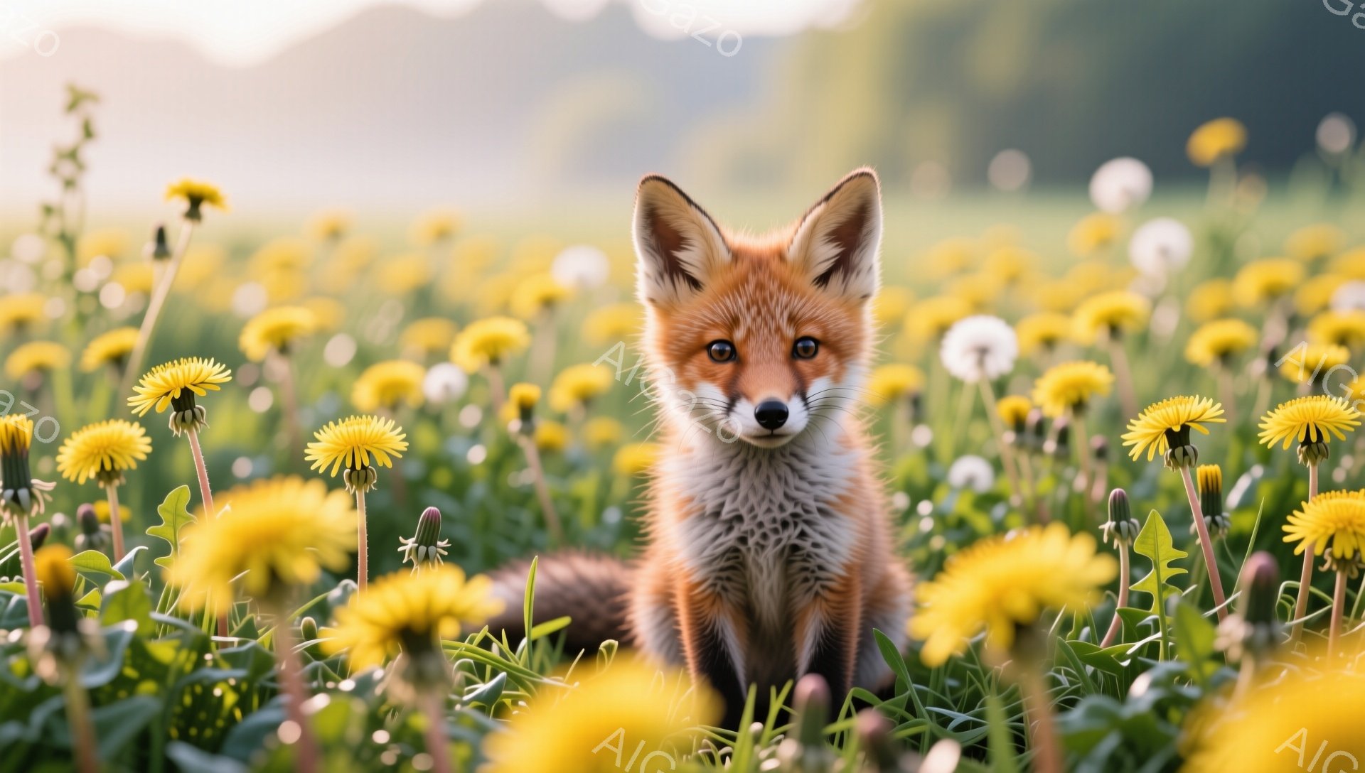 タンポポ畑の中に、小さなキツネが座ってこちらを見ています。柔らかな光がキツネの毛並みを照らし、暖かい雰囲気を醸し出しています。鮮やかな黄色と緑が目に優しく、春の穏やかな一日を感じさせます。